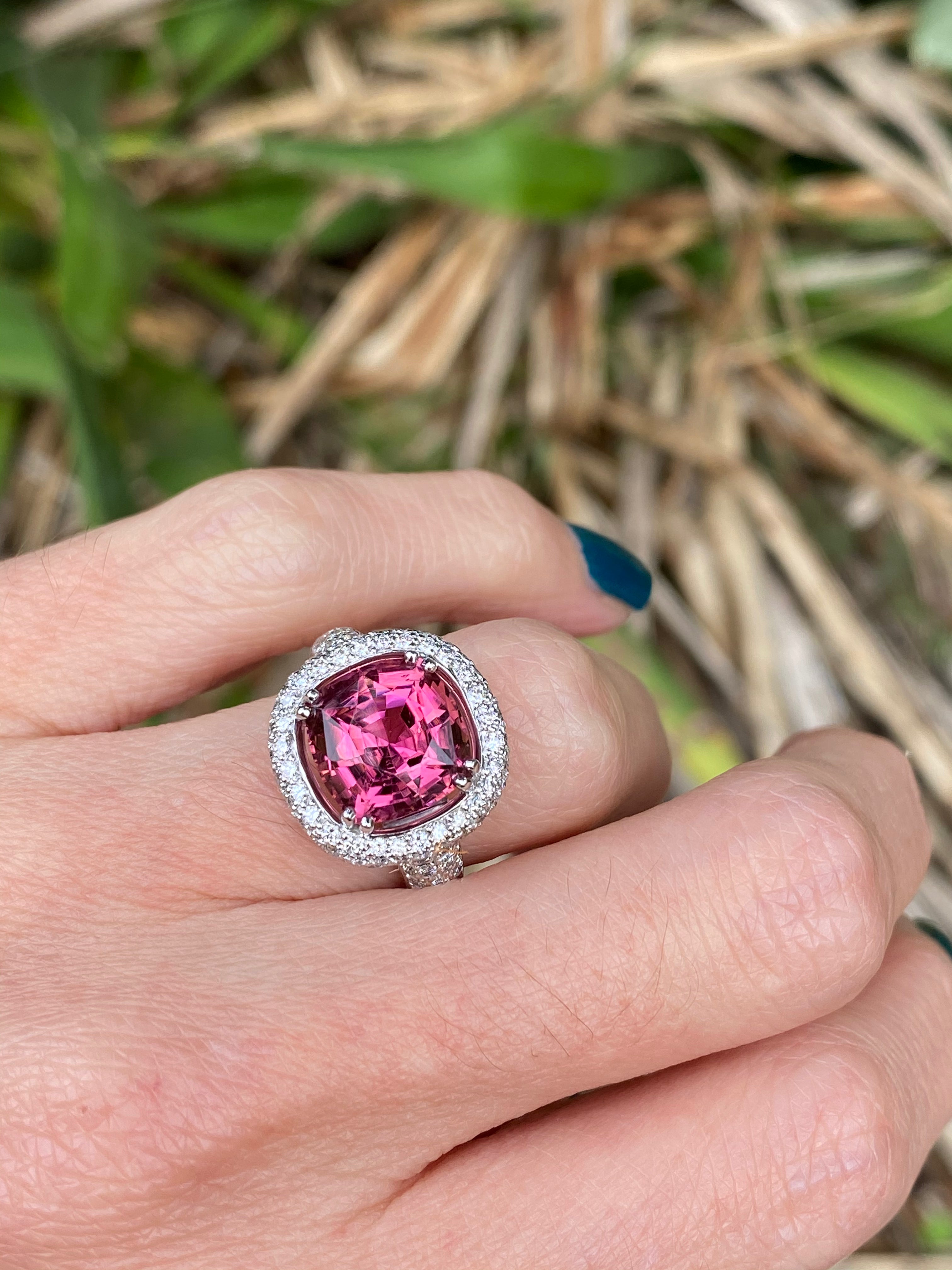 Cushion Cut Pink Tourmaline and Diamond Halo Ring in White Gold 
