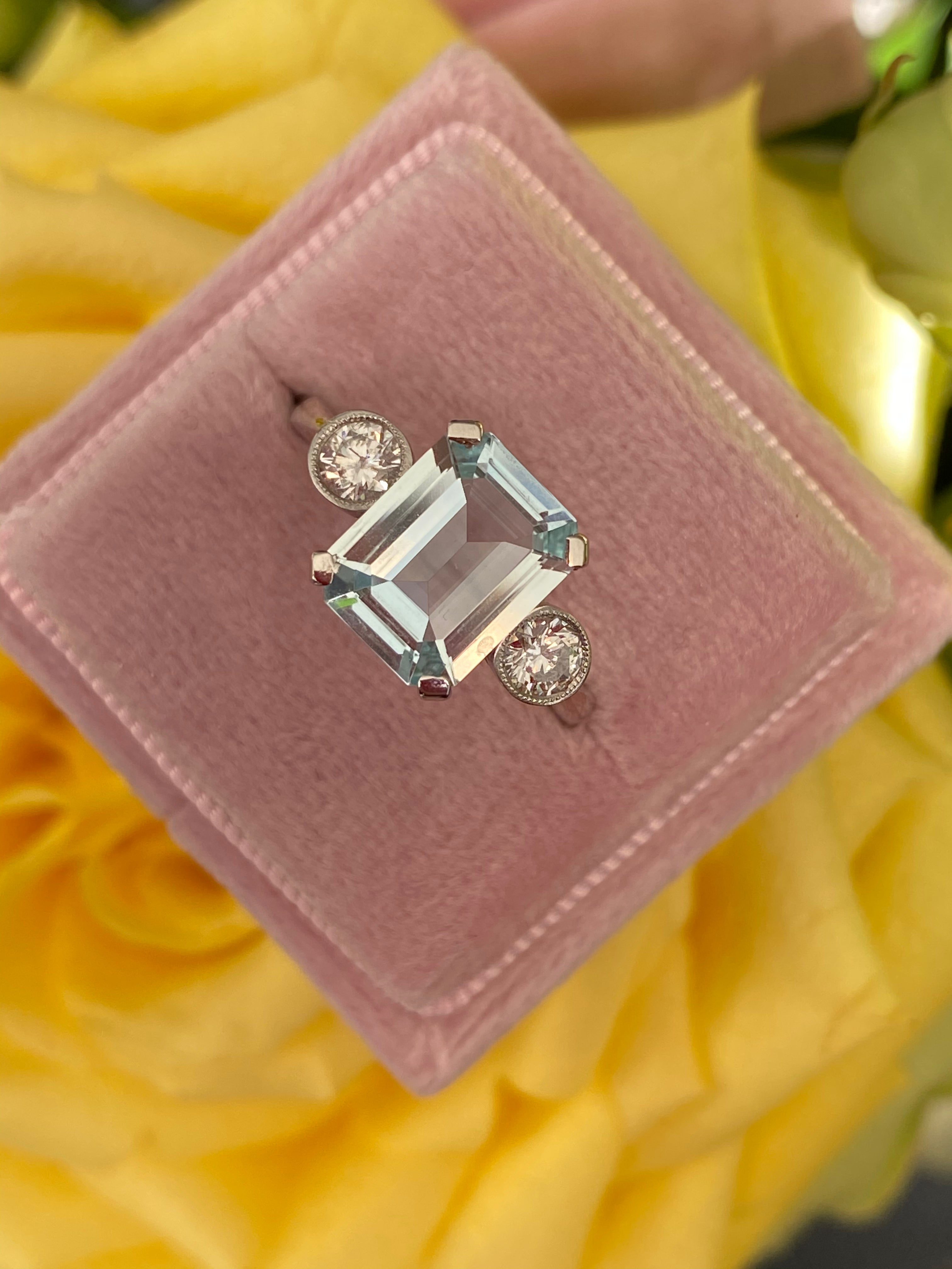 2.75 Carat Emerald Cut Aquamarine and Diamond Three Stone Engagement Ring in Platinum 