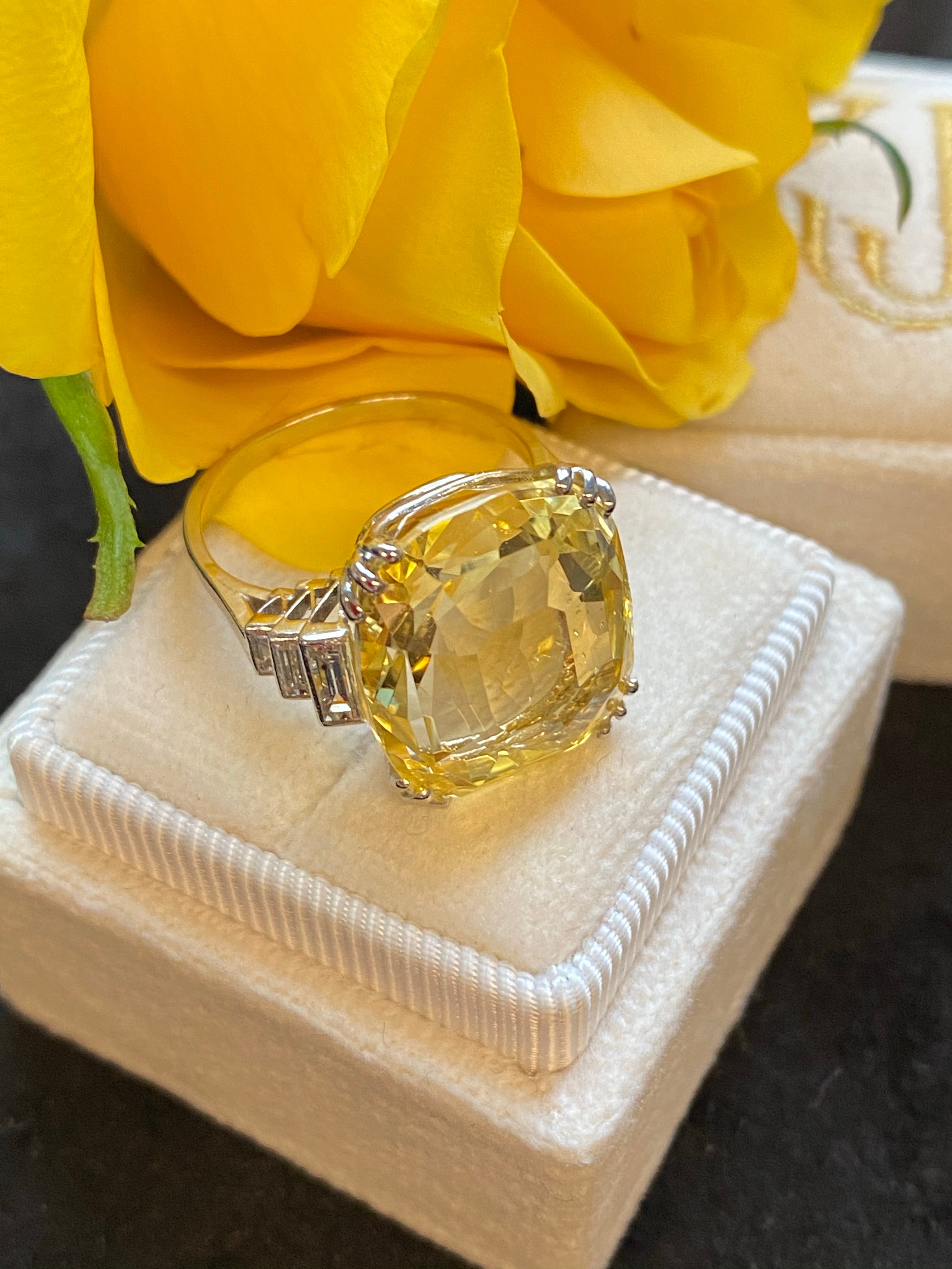 19.60 Carat Certified Unheated Yellow Sapphire and Diamond Art Deco Ring