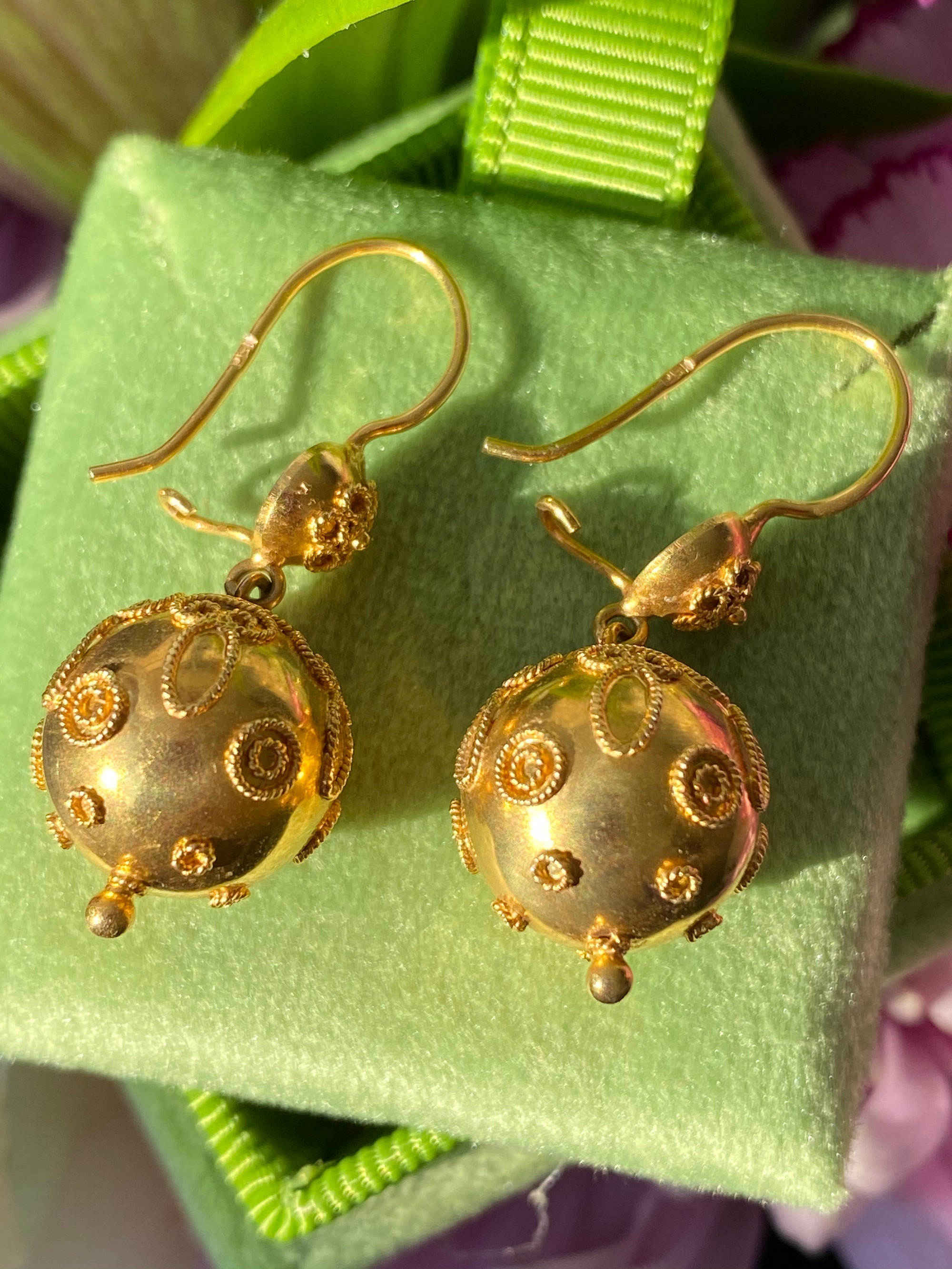 Vintage Etruscan Style Ball Drop Earrings in 14K Yellow Gold