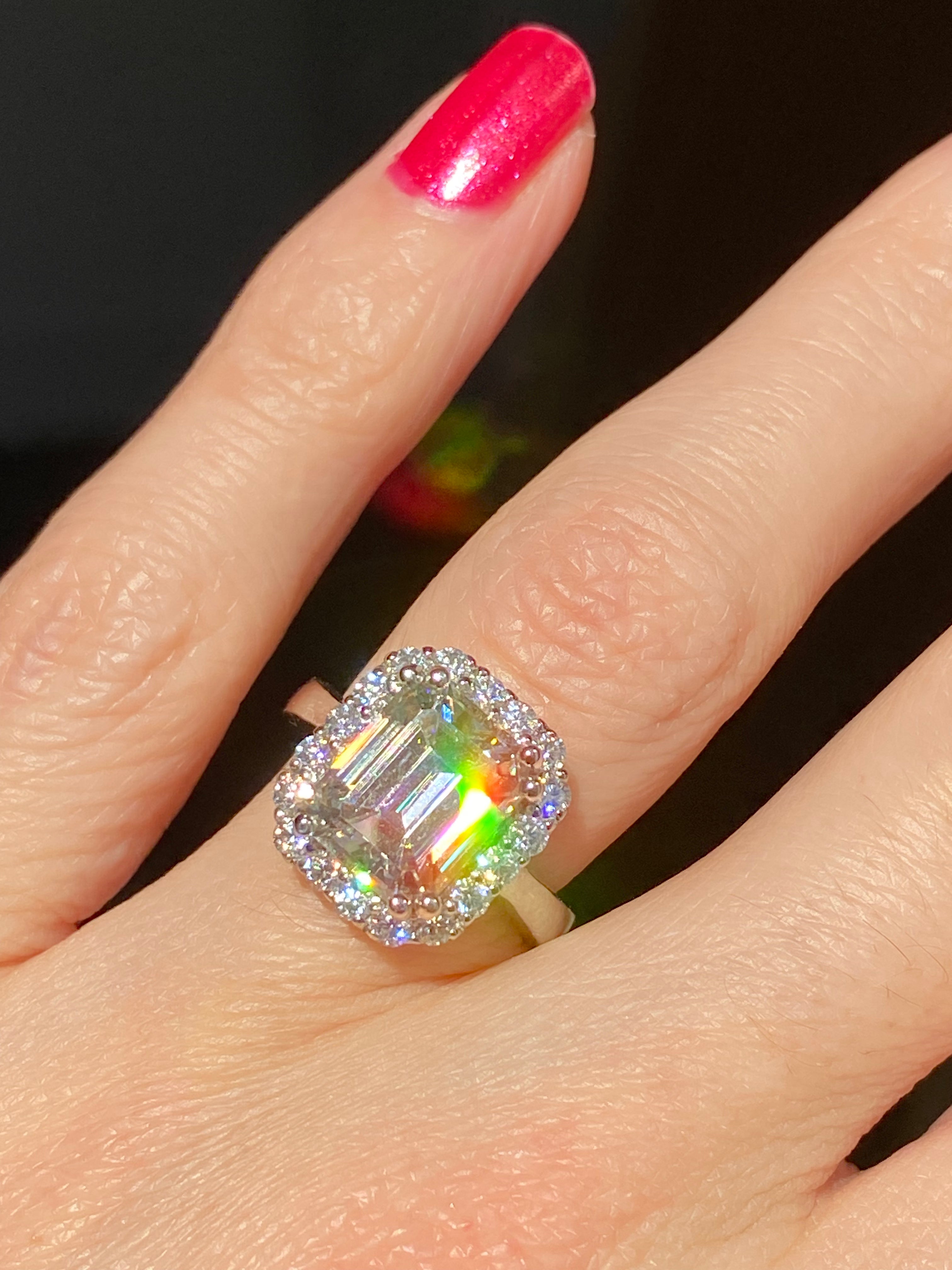 4 Carat Emerald Cut Moissanite Halo Engagement Ring Katherine James Jewellery 