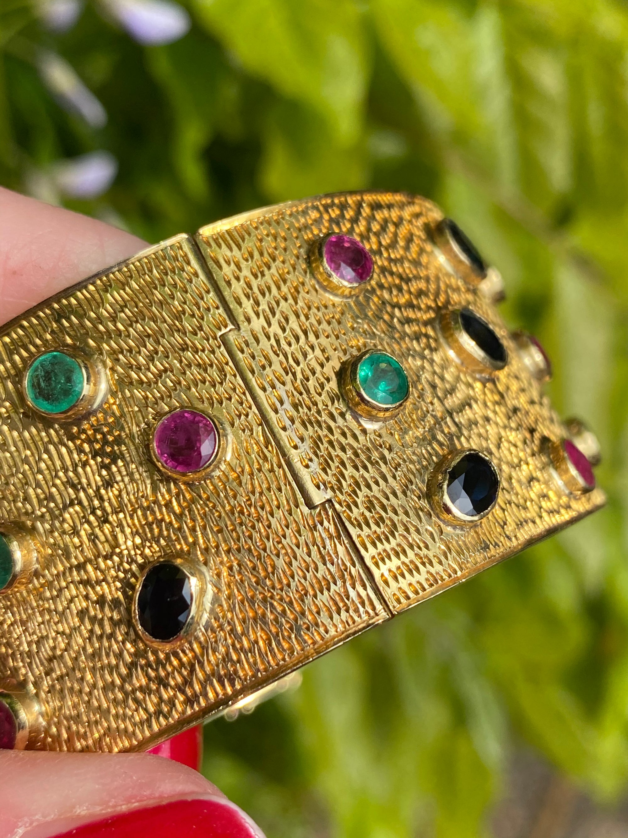 Vintage Ruby, Blue Sapphire and Emerald Bezel Set Cuff Bangle Bracelet in 18K Yellow Gold 