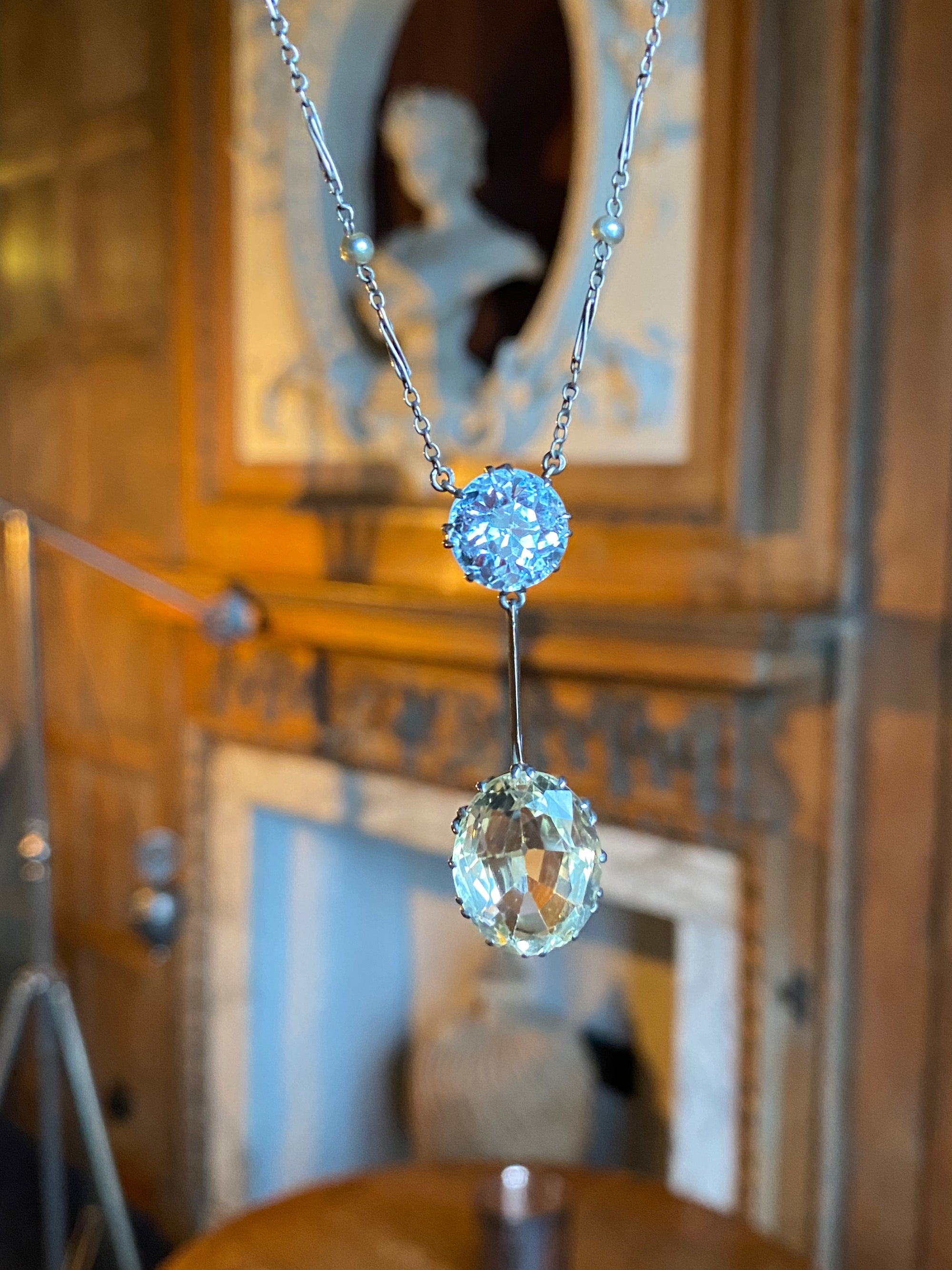 Edwardian 5.00 Carat Blue Zircon, 10.00 Carat Citrine and Seed Pearl Lavaliere Necklace