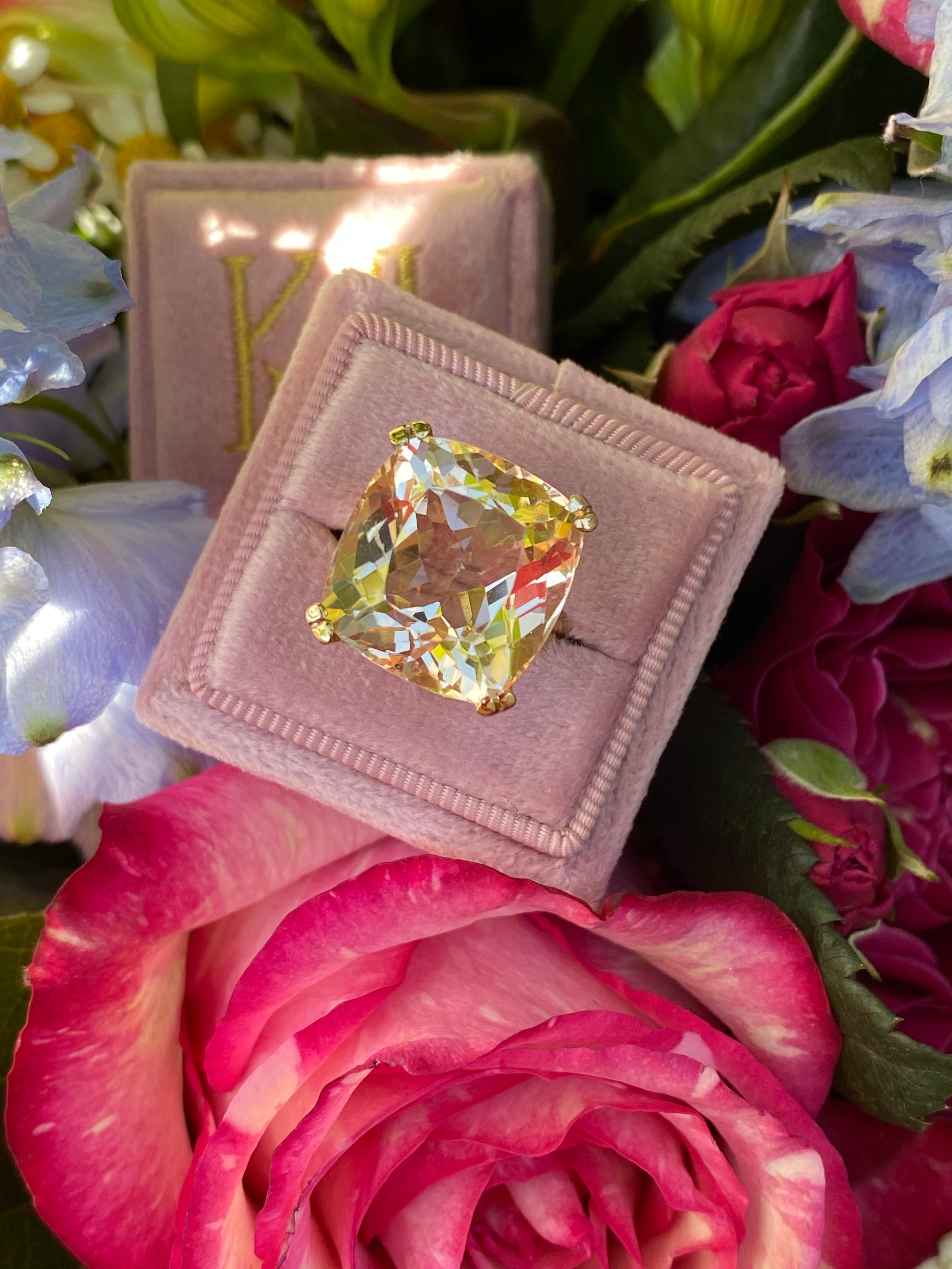 19.64 Carat Cushion-Cut Morganite Ring in Yellow Gold
