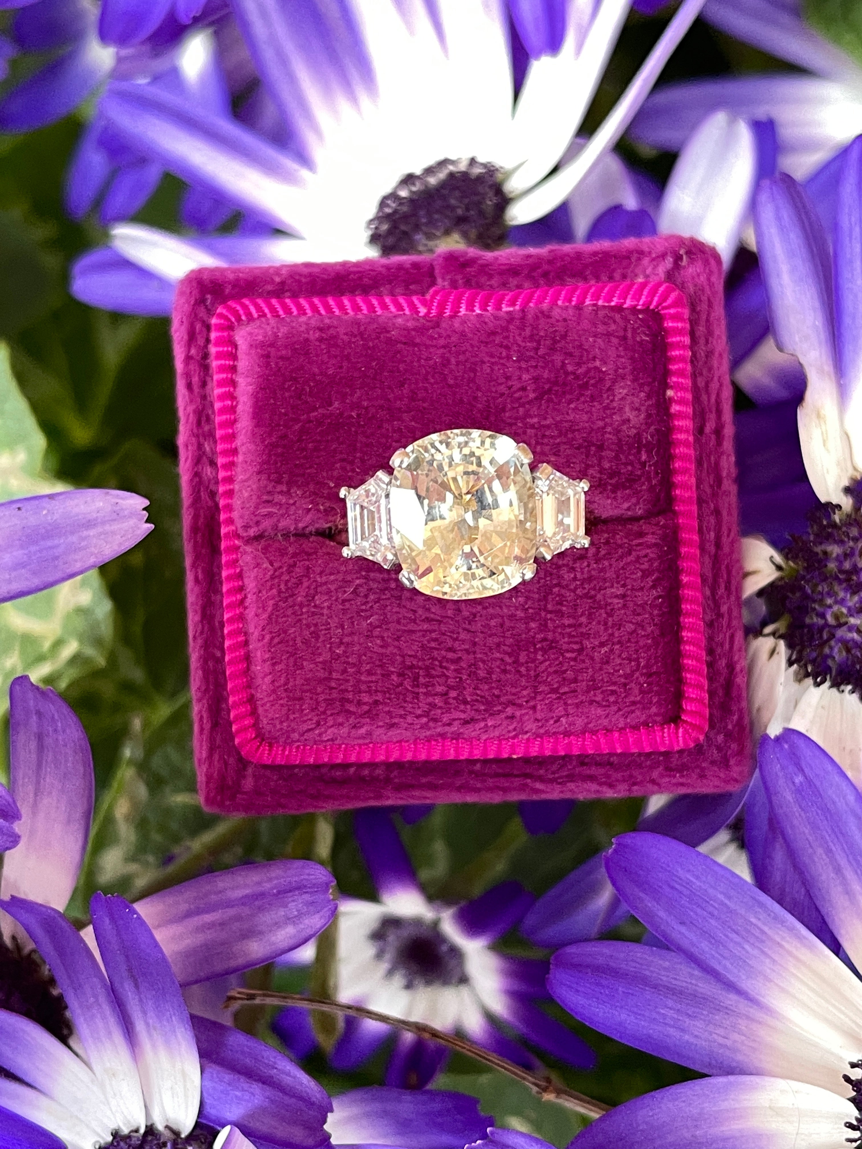 4.21 Carat Yellow Sapphire and Diamond Three Stone Ring in 18ct Yellow Gold