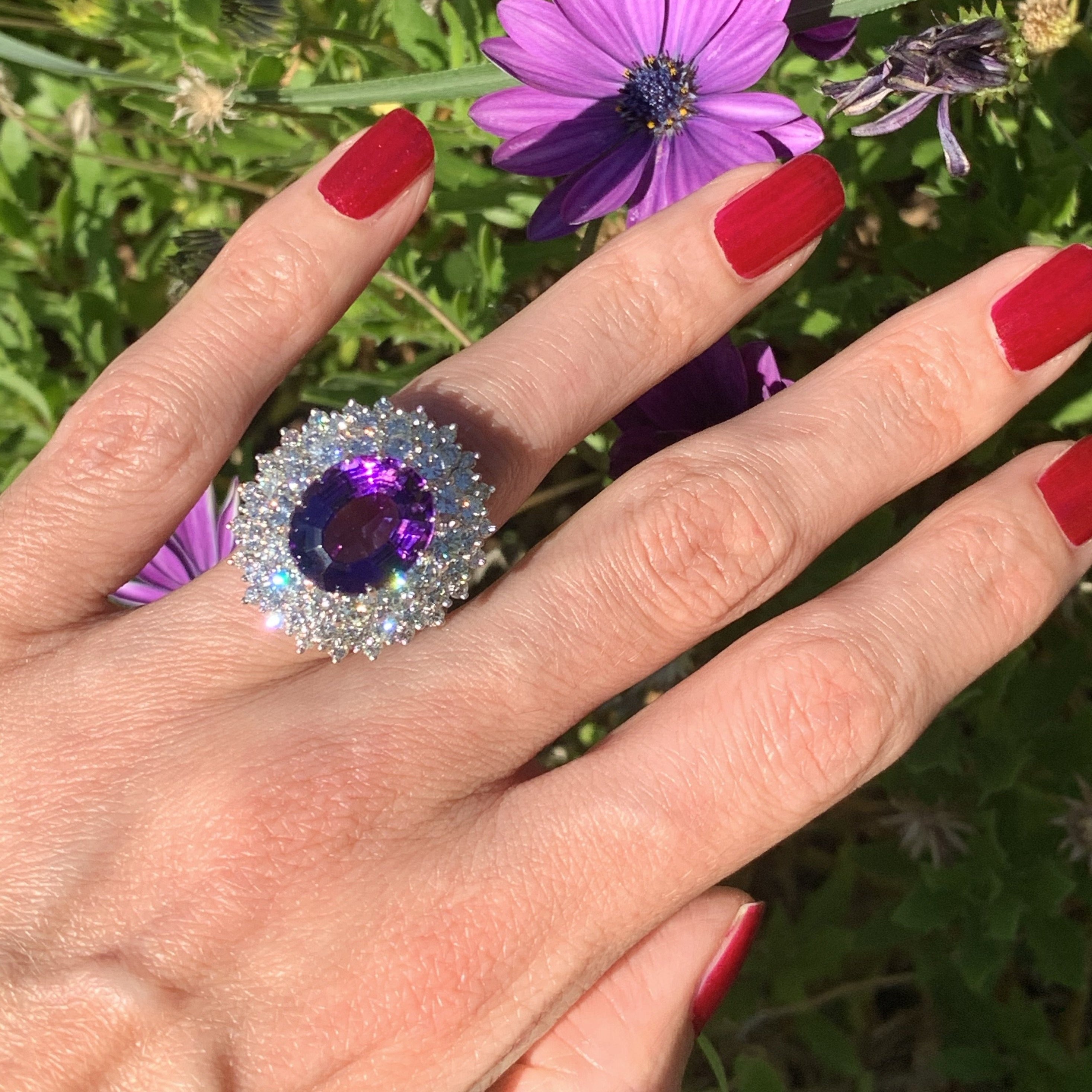 7.30 Carat Amethyst and Diamond Halo Ring in 18K White Gold 