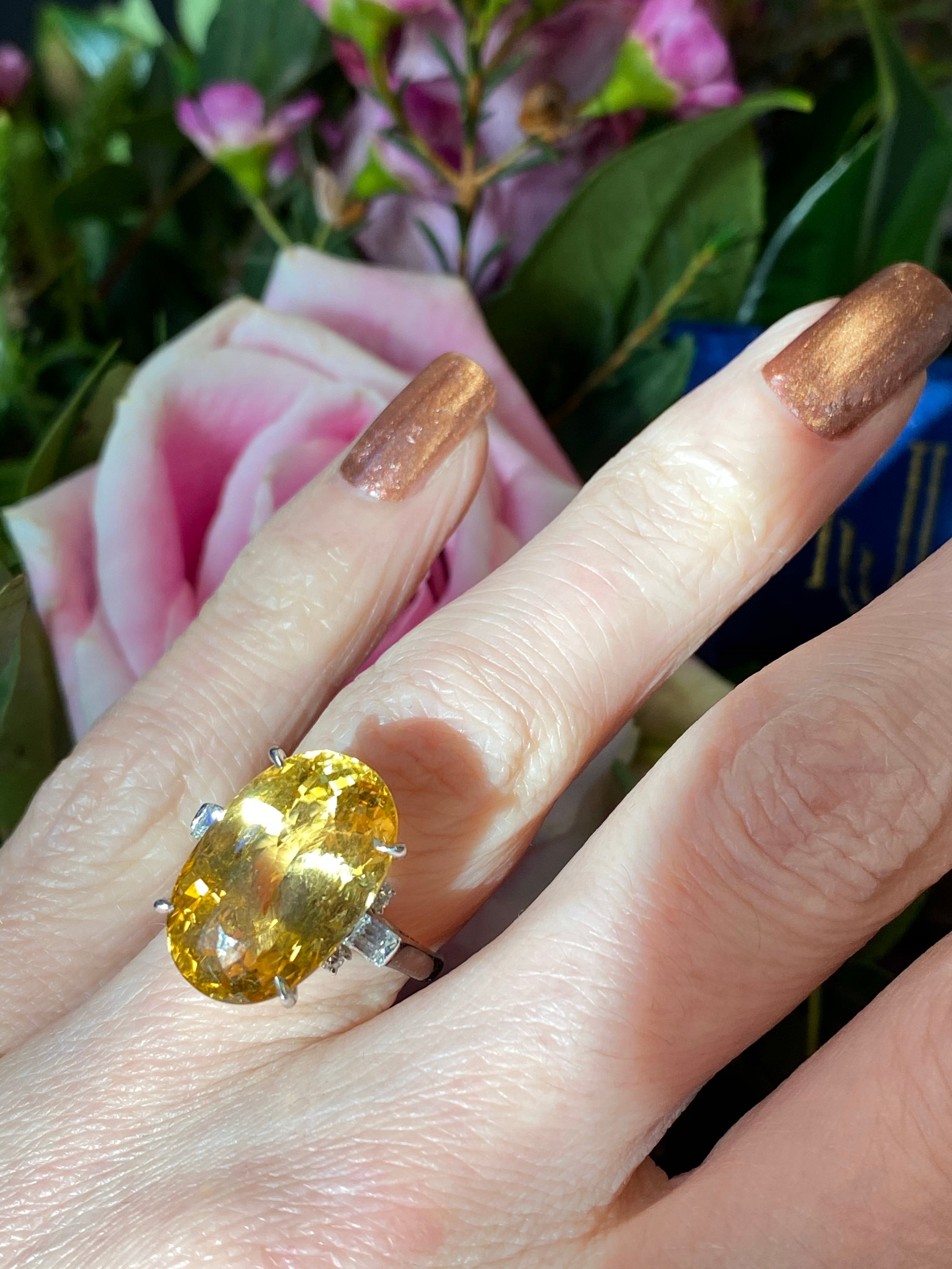 10.08 Carat Oval Cut Golden Heliodor and Diamond Ring in Platinum
