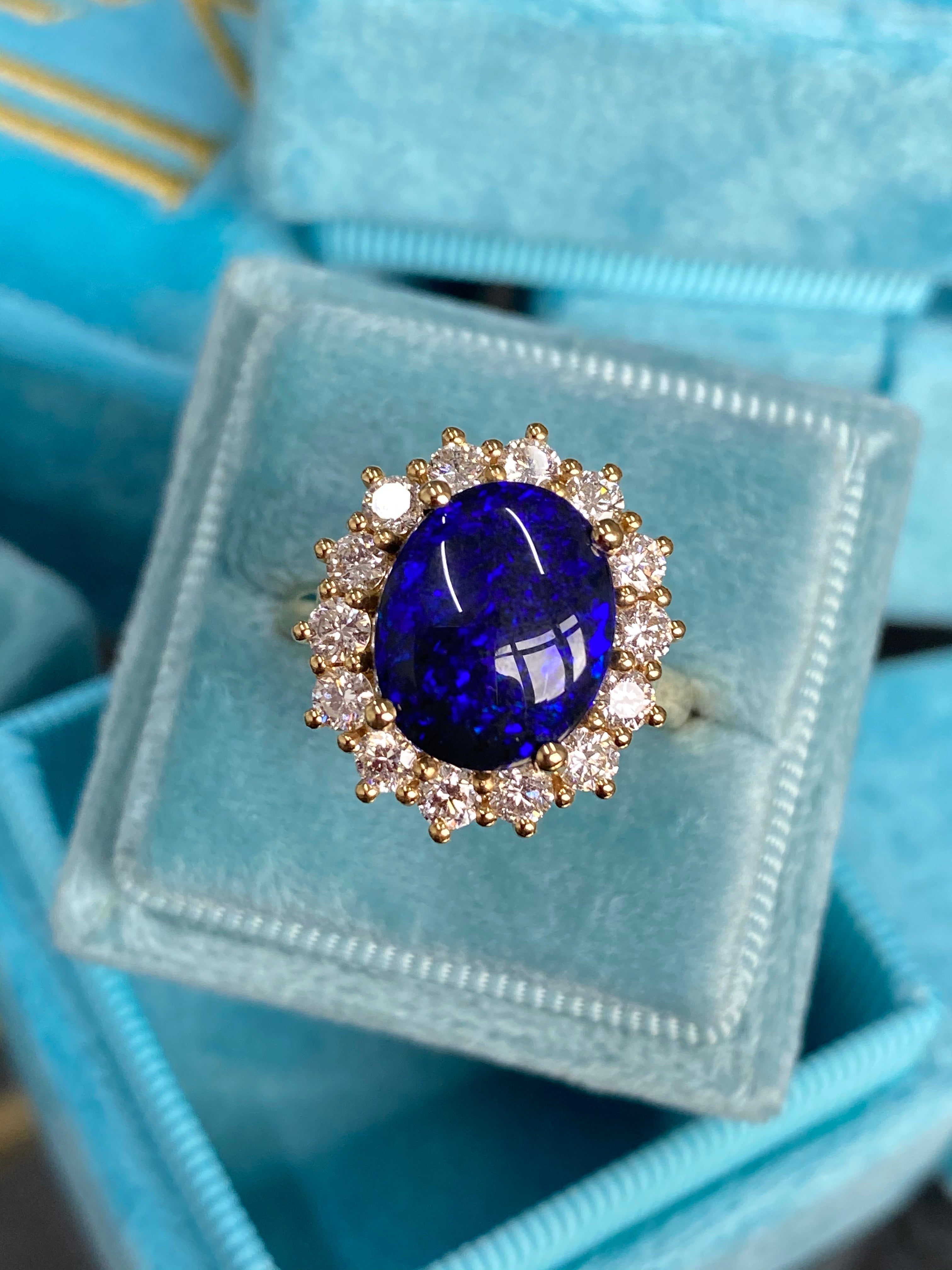 3.57 Carat Vintage Black Opal and Diamond Halo Ring in 18ct Yellow Gold