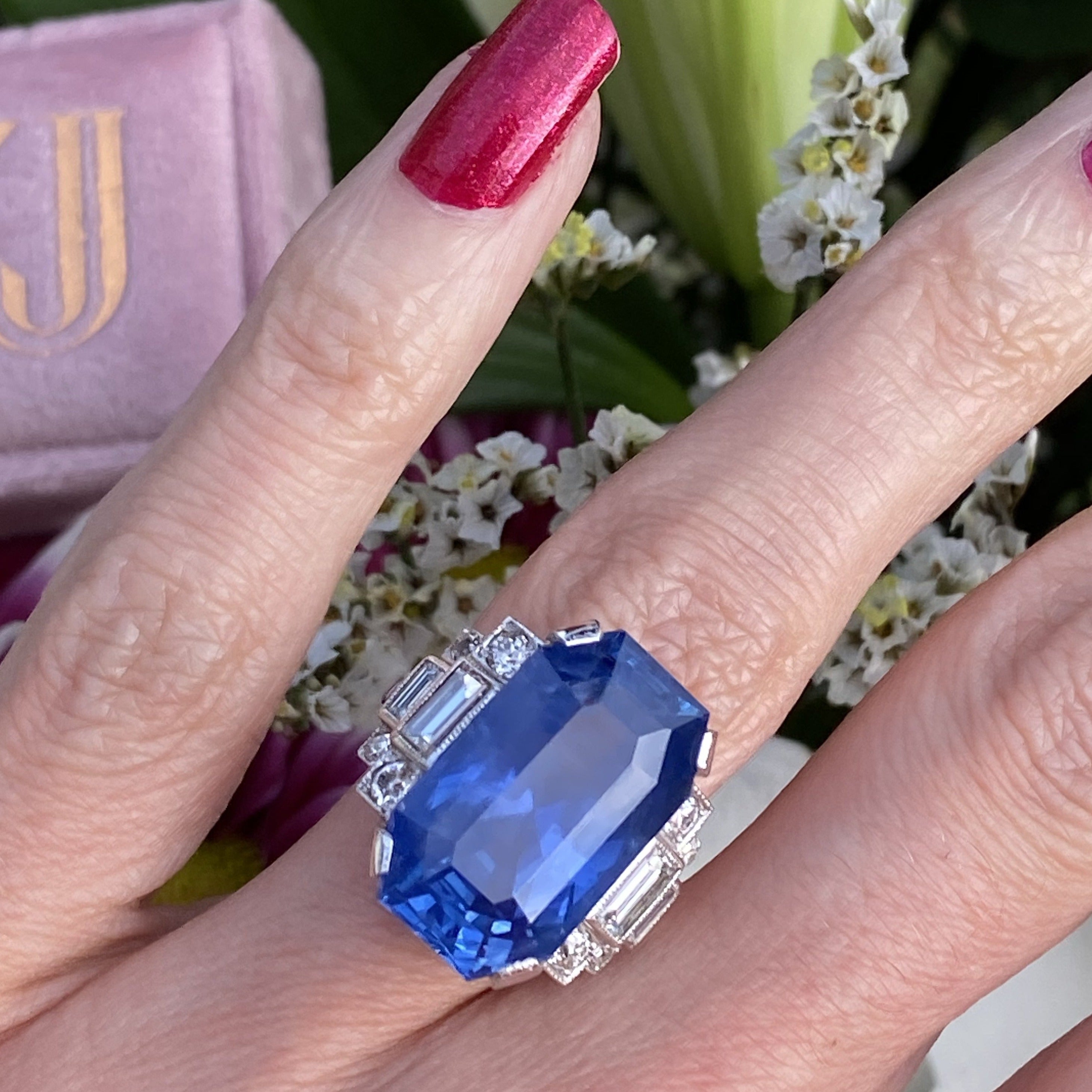 21.36 Carat Unheated Blue Ceylon Sapphire and Diamond Art Deco Engagement Ring 