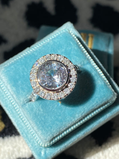 4.62 CTW No Heat White Sapphire and Diamond Halo Engagement Ring in 18ct White Gold