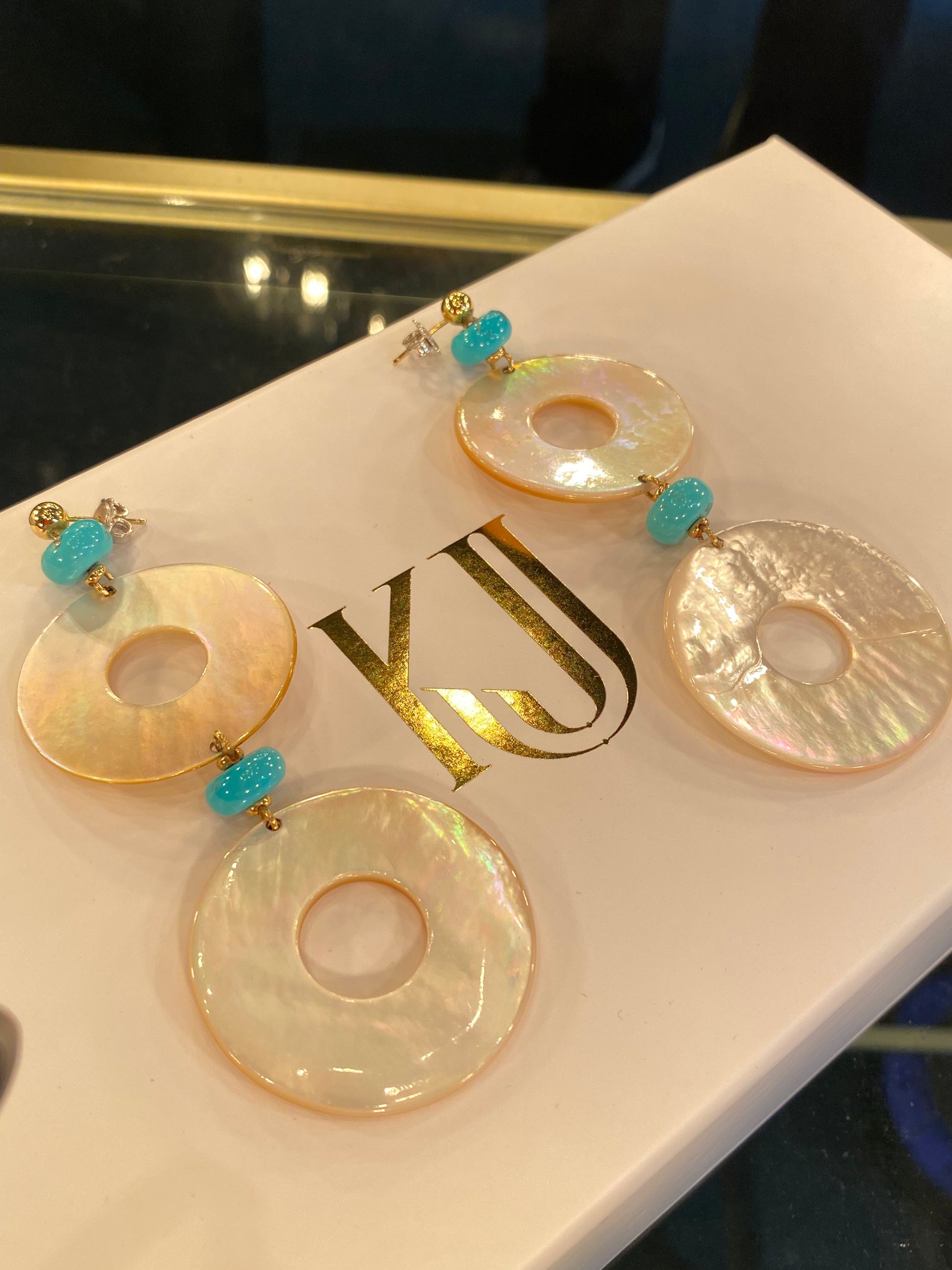 Huge Statement Turquoise and Mother of Pearl Drop Earrings in 18ct Yellow Gold