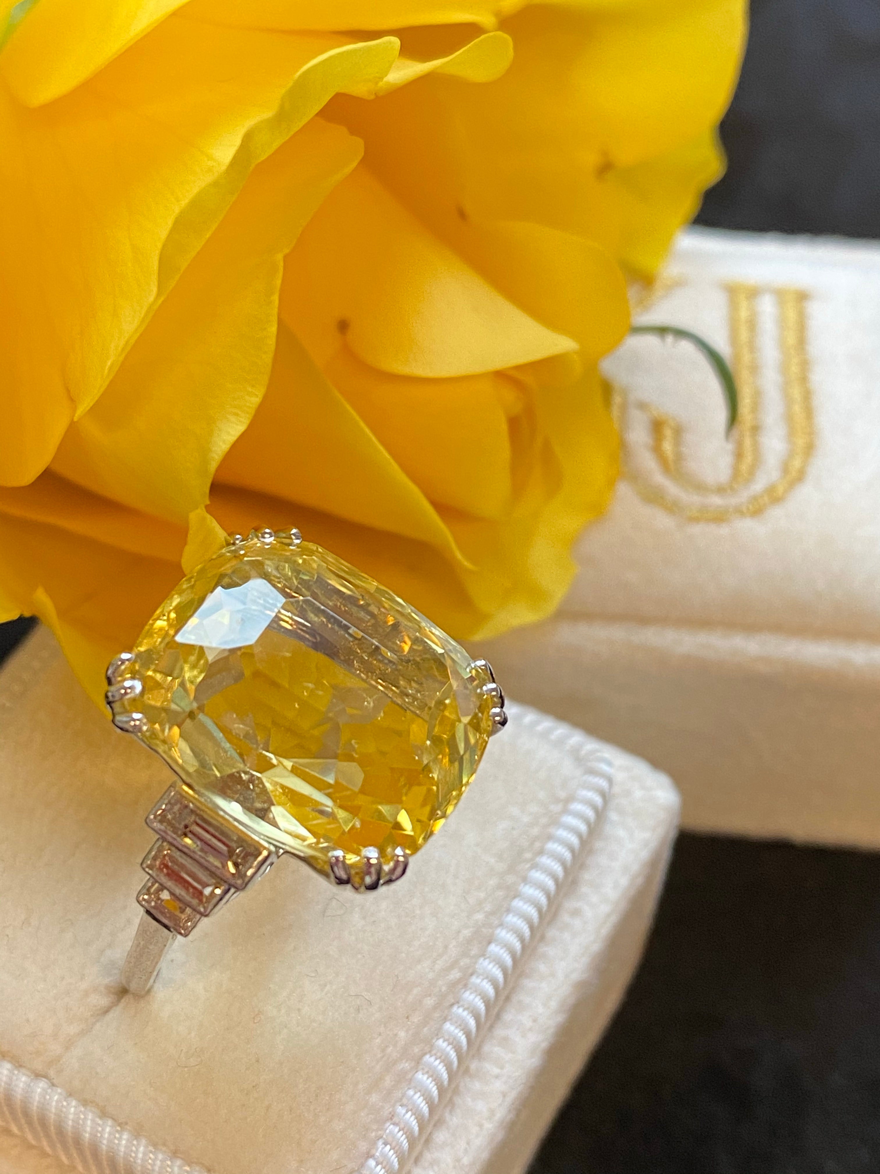 19.60 Carat Certified Unheated Yellow Sapphire and Diamond Art Deco Ring