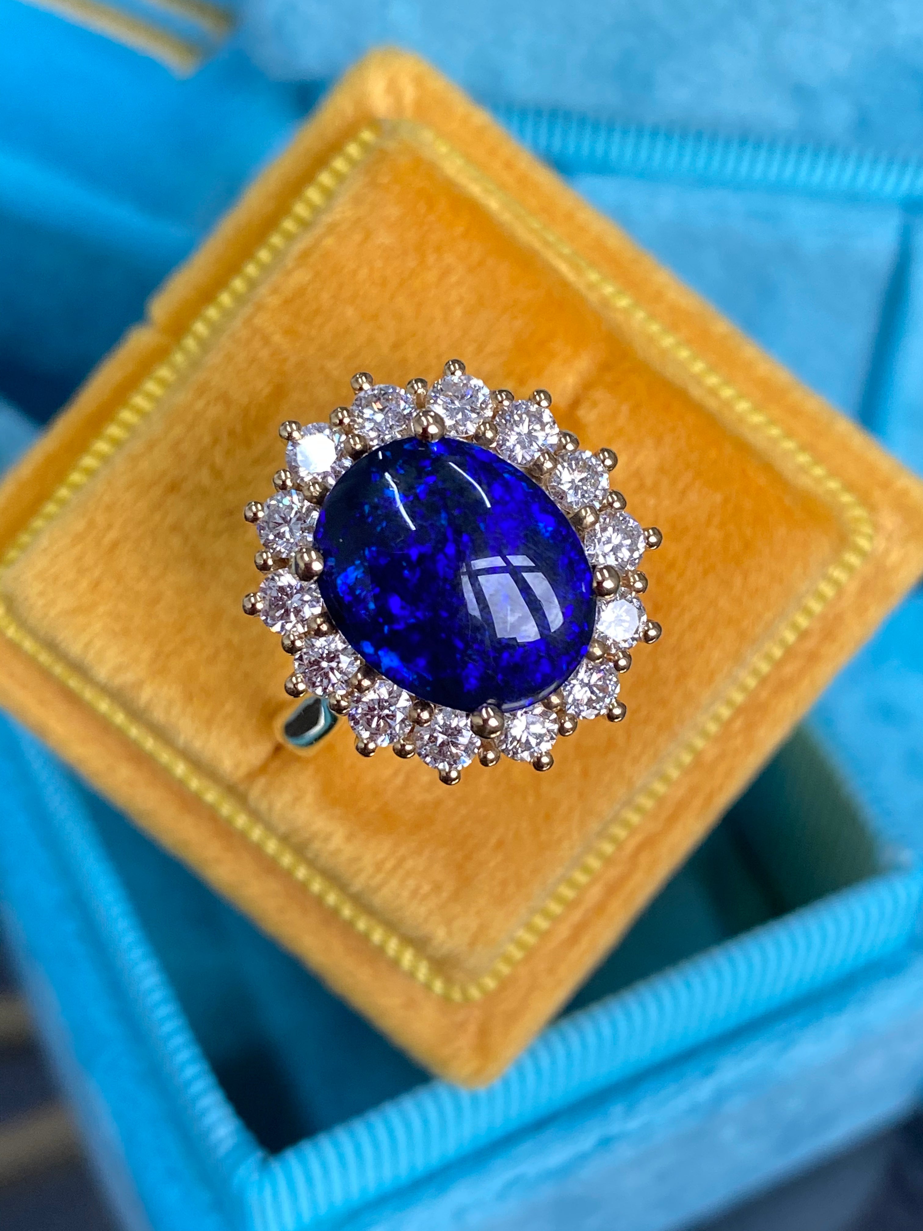 3.57 Carat Vintage Black Opal and Diamond Halo Ring in 18ct Yellow Gold