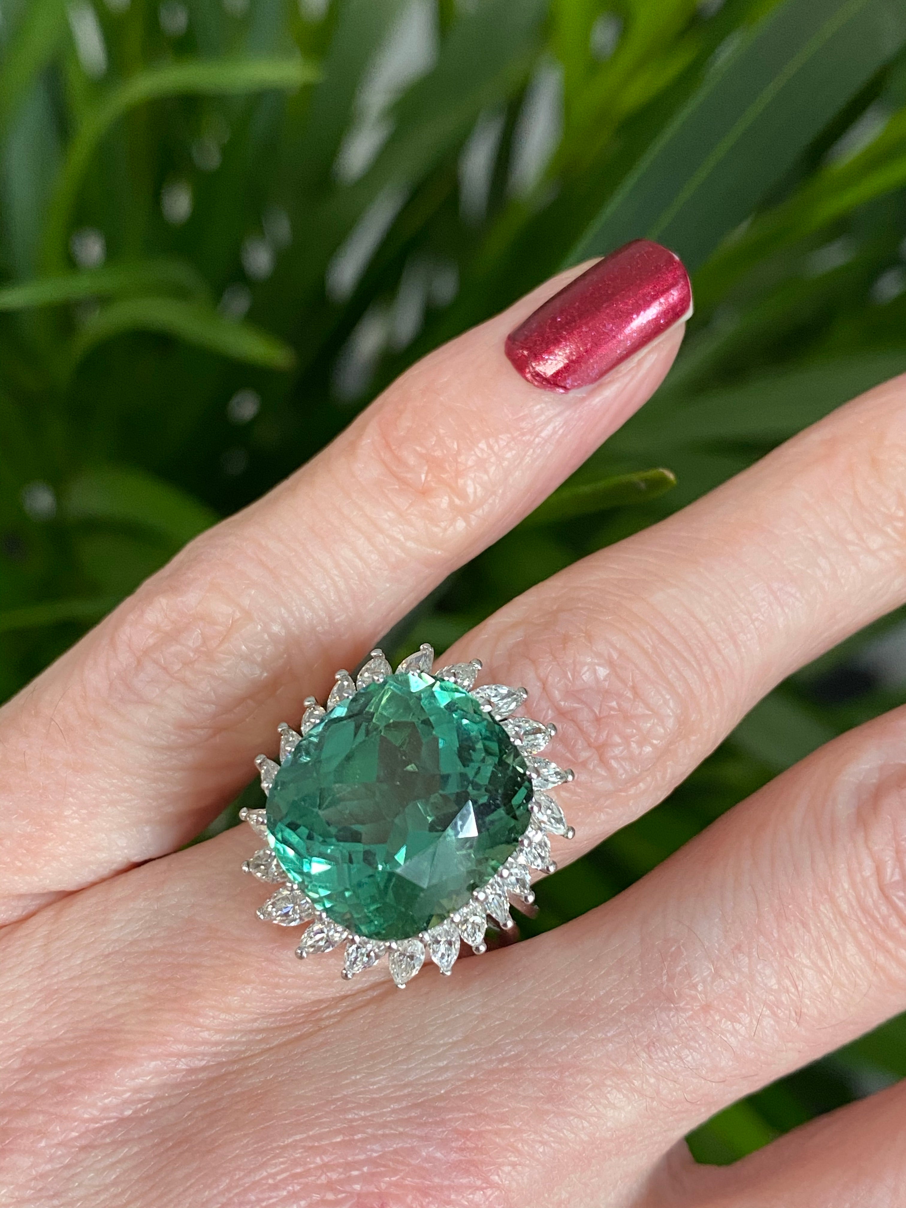 15.98 CTW Cushion Cut Green Tourmaline and Diamond Halo Ring in 18ct White Gold
