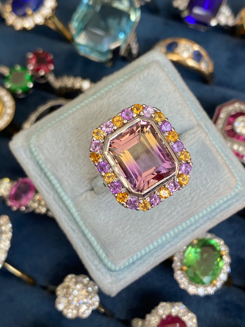 Ametrine Amethyst and Citrine Halo Cocktail Ring in Sterling Silver