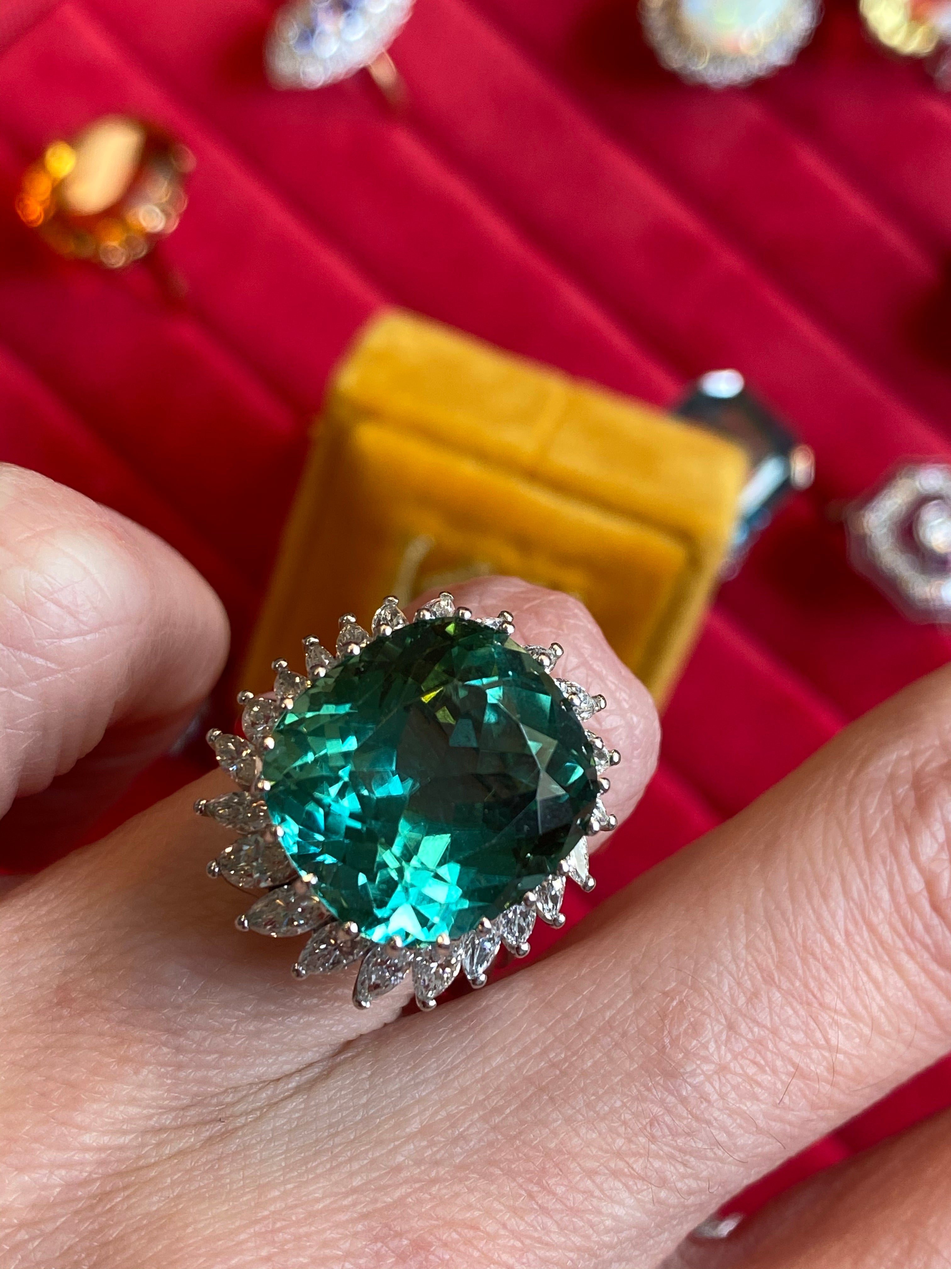 15.98 CTW Cushion Cut Green Tourmaline and Diamond Halo Ring in 18ct White Gold