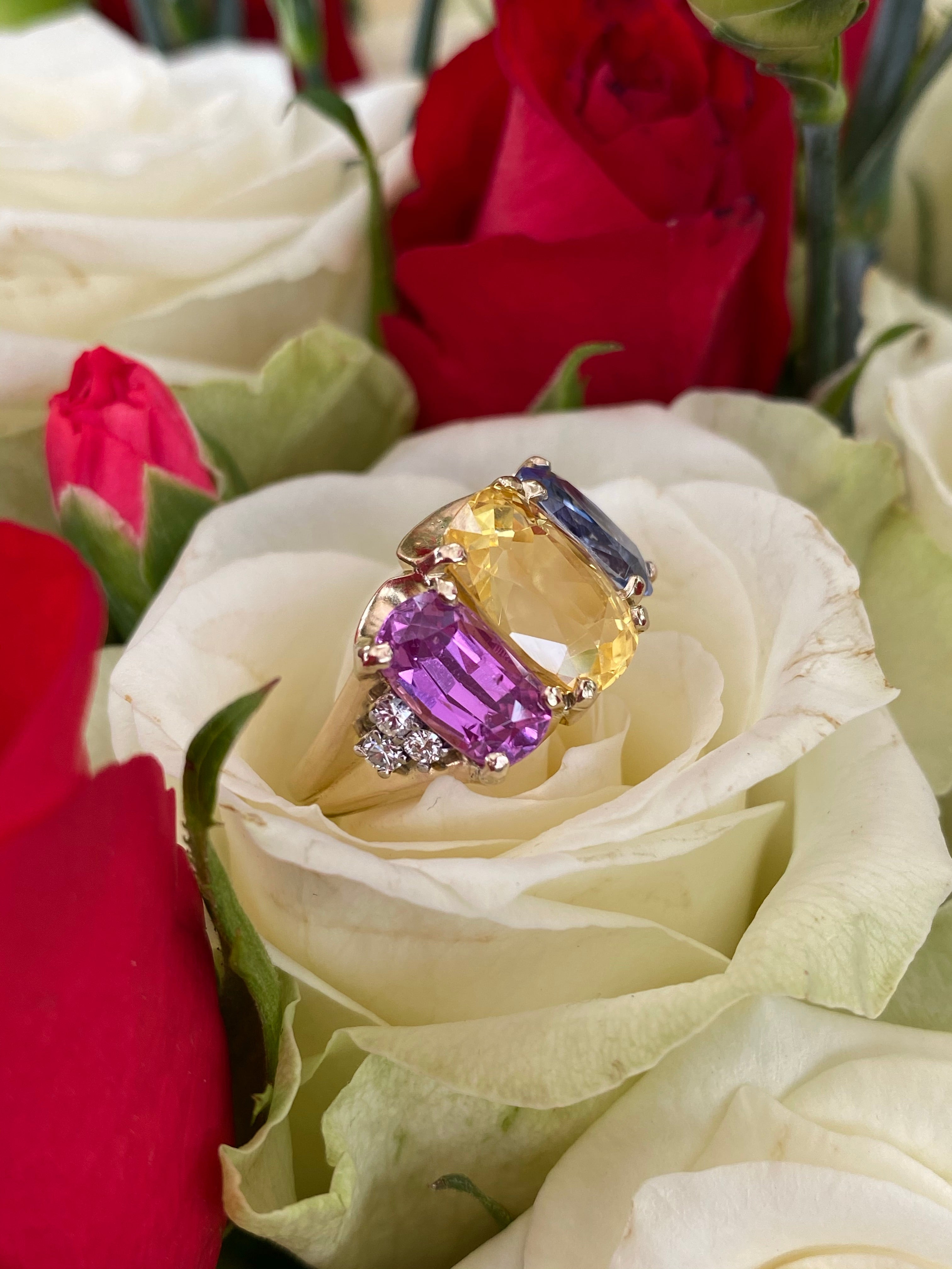 No Heat Pink, Yellow and Blue Sapphire Cushion Cut Engagement Ring