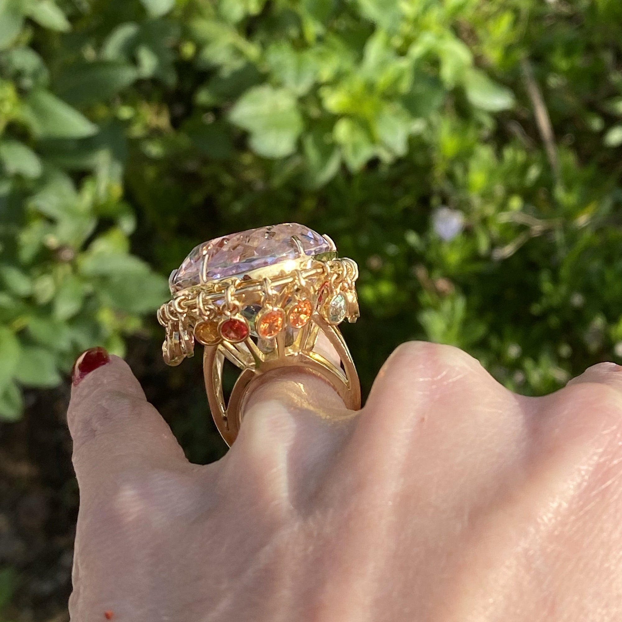 75 Carat Kunzite and Sapphire Cocktail Ring in 18K Yellow Gold 