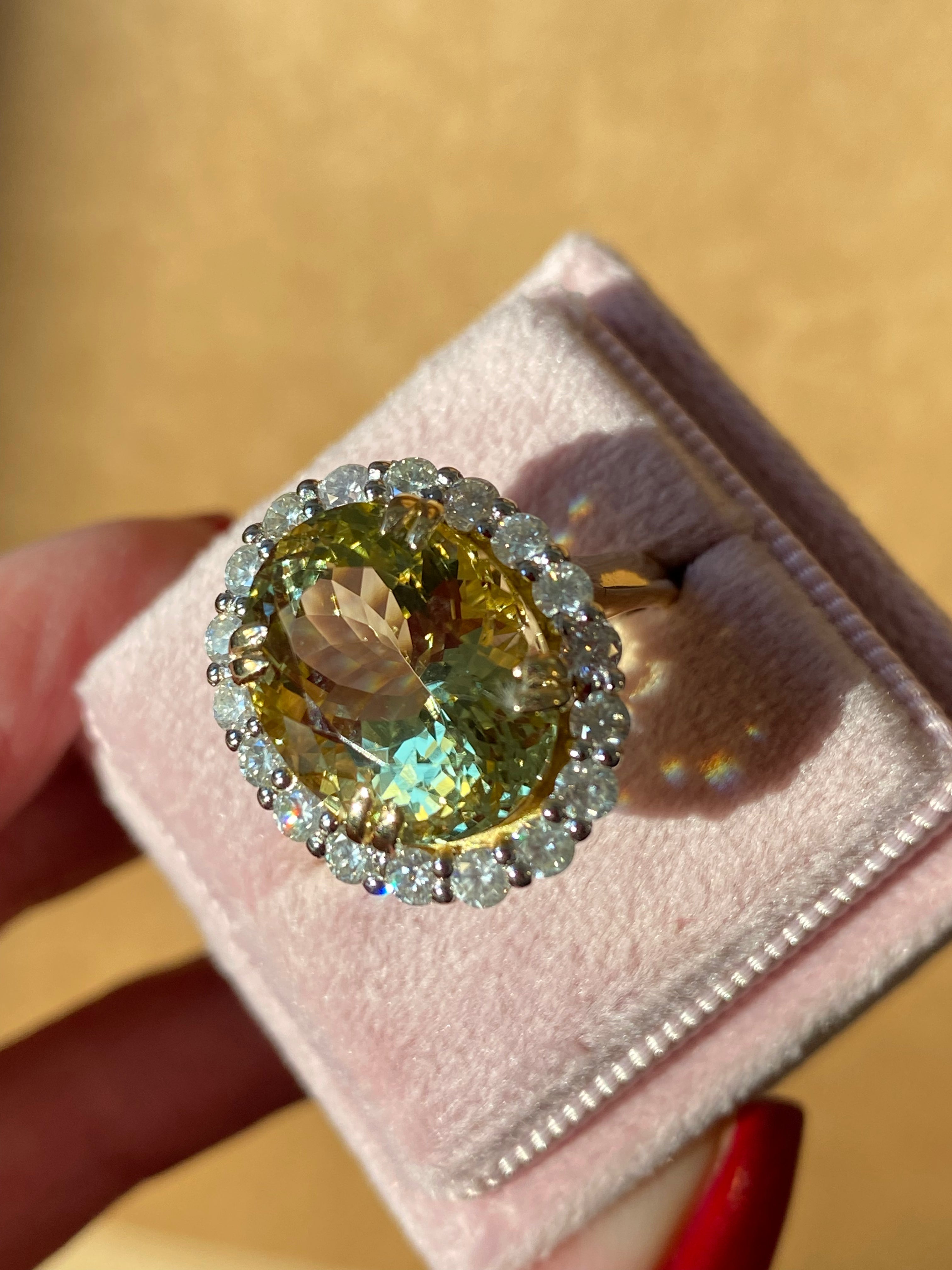 7.50ct Yellow Aquamarine and 1.00ct Diamond Halo Ring in 18ct Yellow Gold