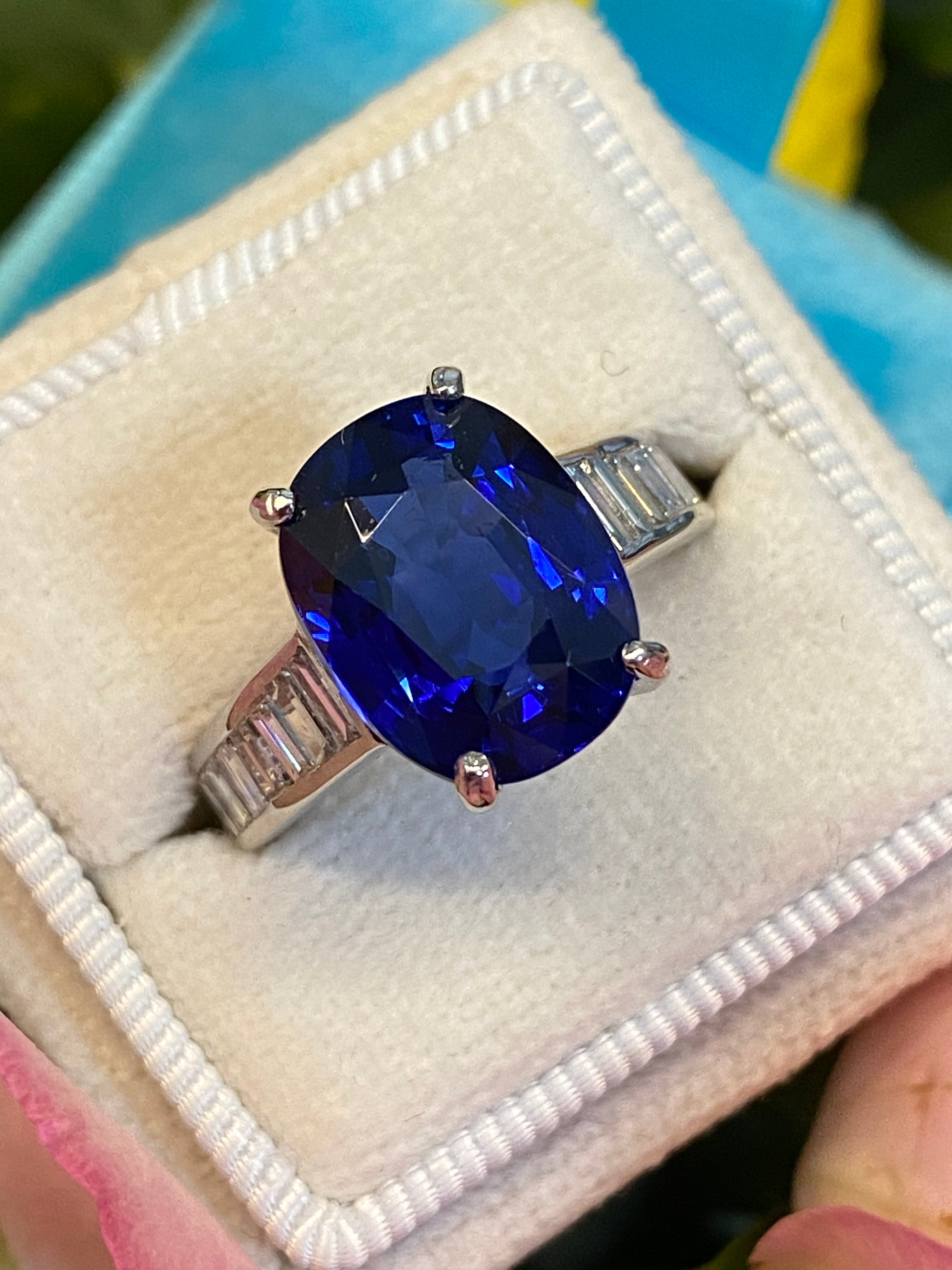 Oval Cut Blue Ceylon Sapphire Unheated and Diamond Art Deco Style Engagement Ring in Platinum 