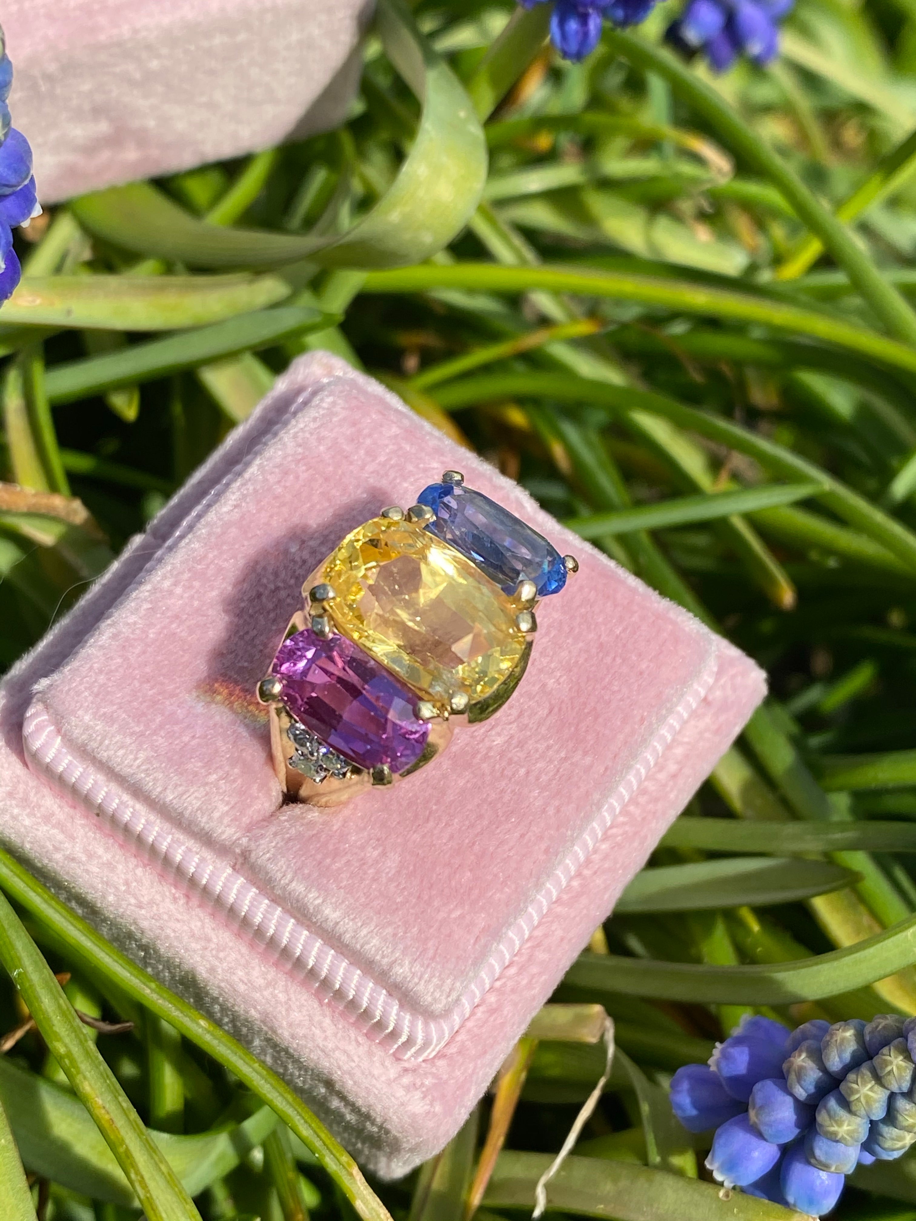 11.94 CTW No Heat Yellow, Blue and Pink Sapphire Trilogy Ring in 18ct Yellow Gold