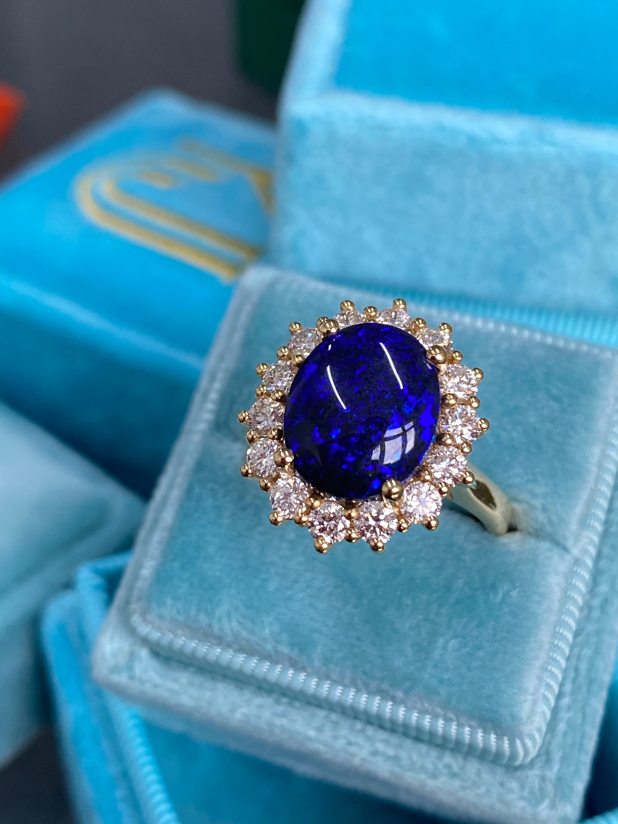 3.57 Carat Vintage Black Opal and Diamond Halo Ring in 18ct Yellow Gold