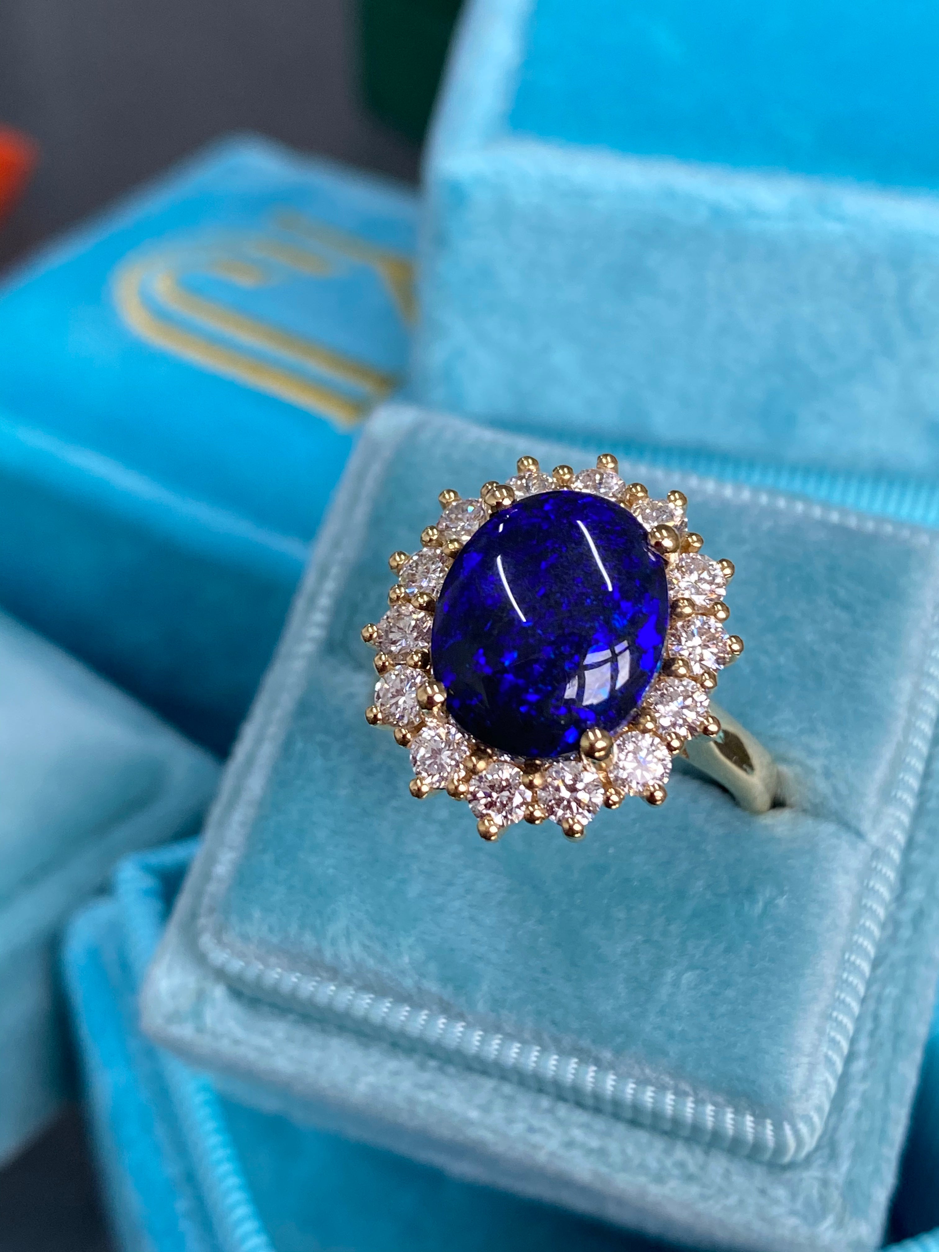 3.57 Carat Vintage Black Opal and Diamond Halo Ring in 18ct Yellow Gold
