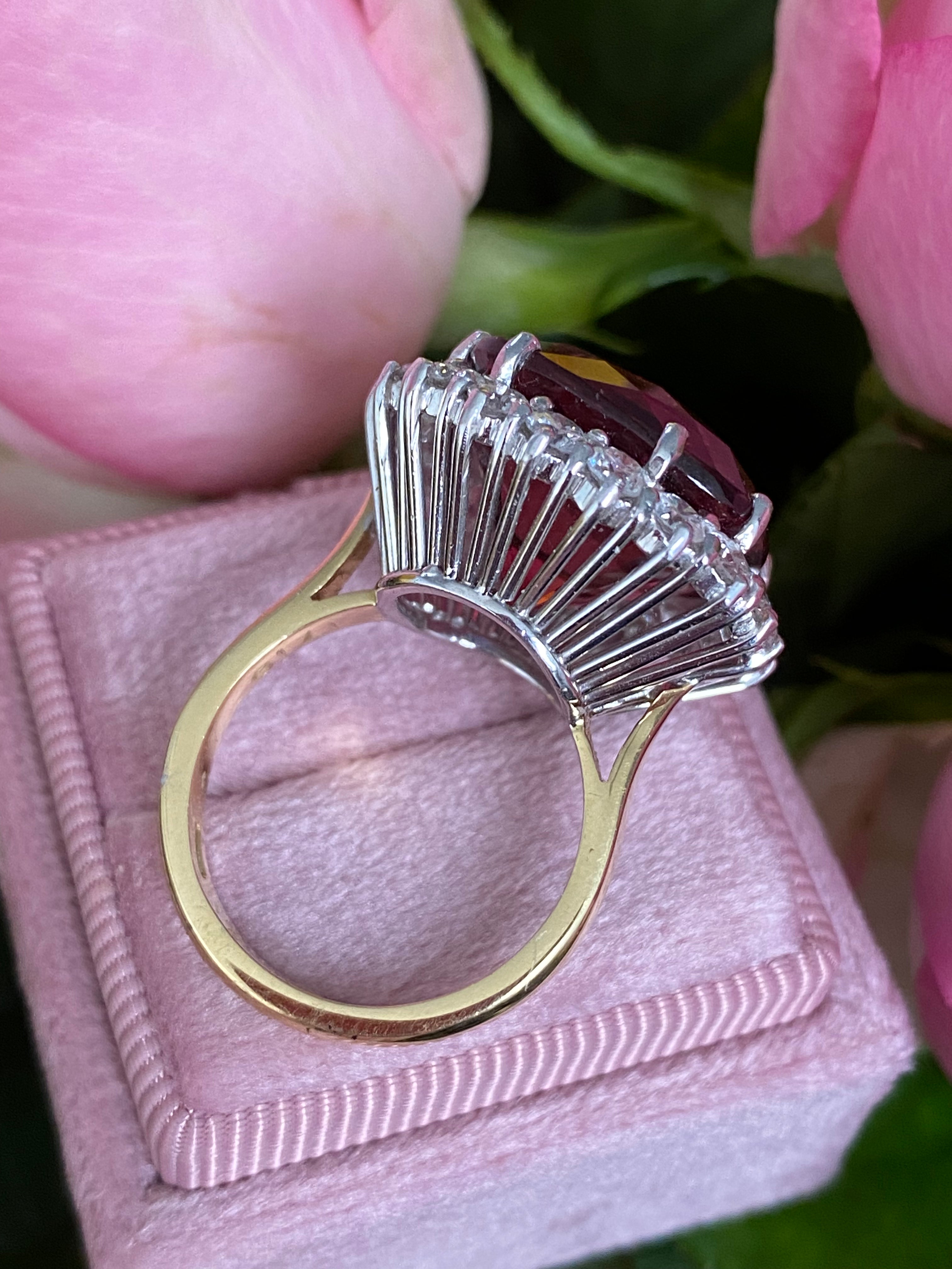 17.19 Carat Rubellite Tourmaline and Diamond Halo Cocktail Ring in 18ct White and Yellow Gold