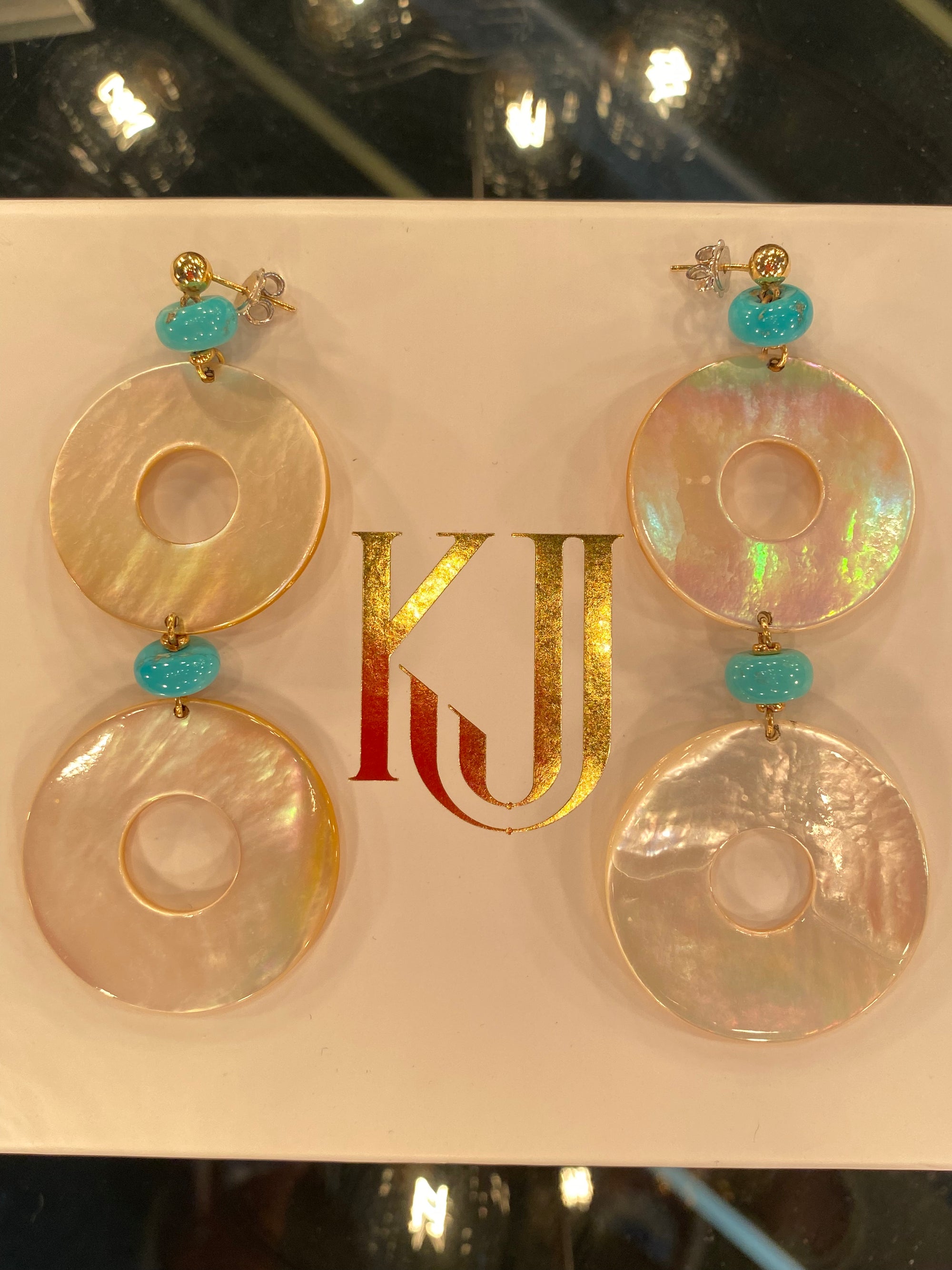Huge Statement Turquoise and Mother of Pearl Drop Earrings in 18ct Yellow Gold