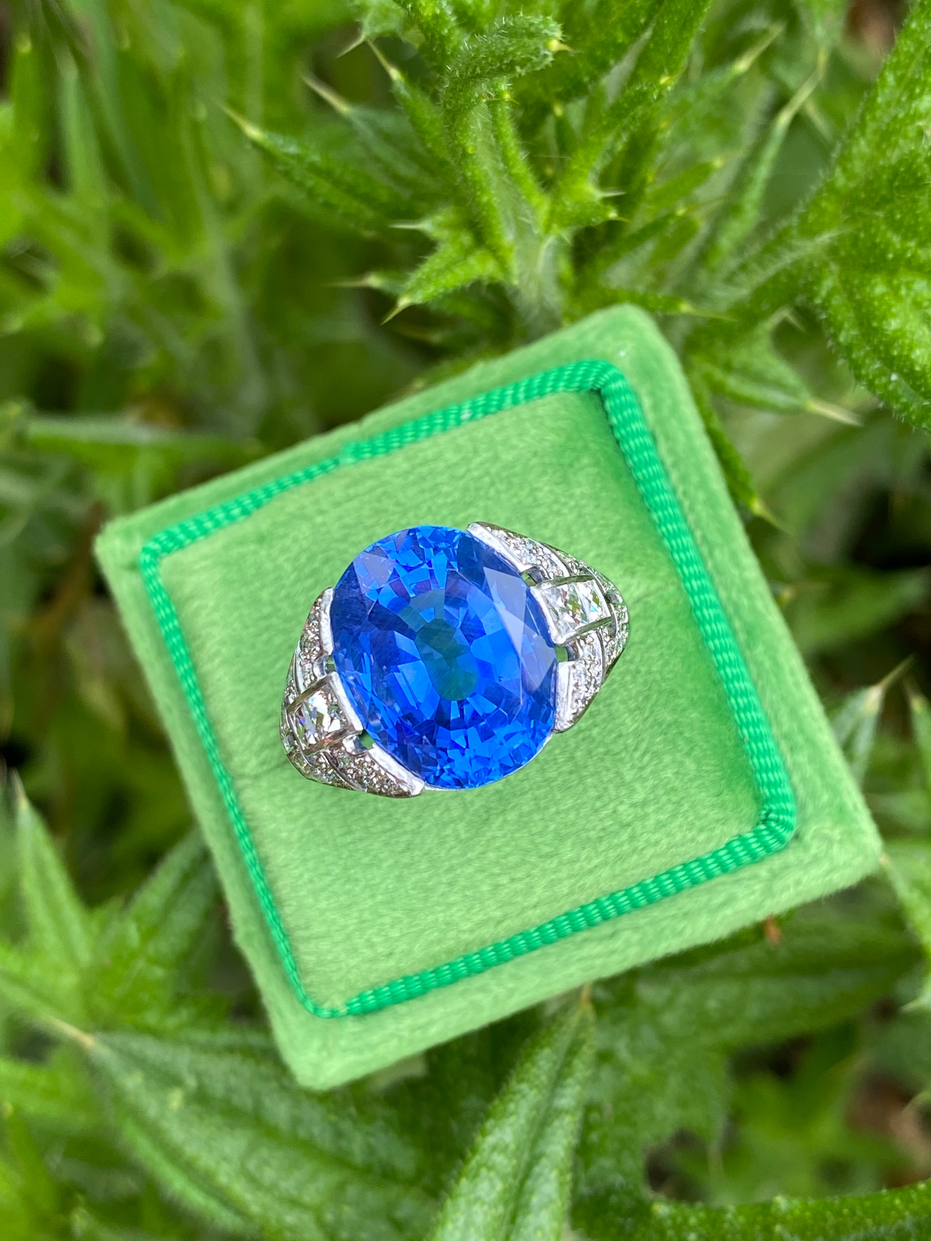 10.05 Carat Antique Art Deco Oval Blue Ceylon Sapphire and Diamond Ring 