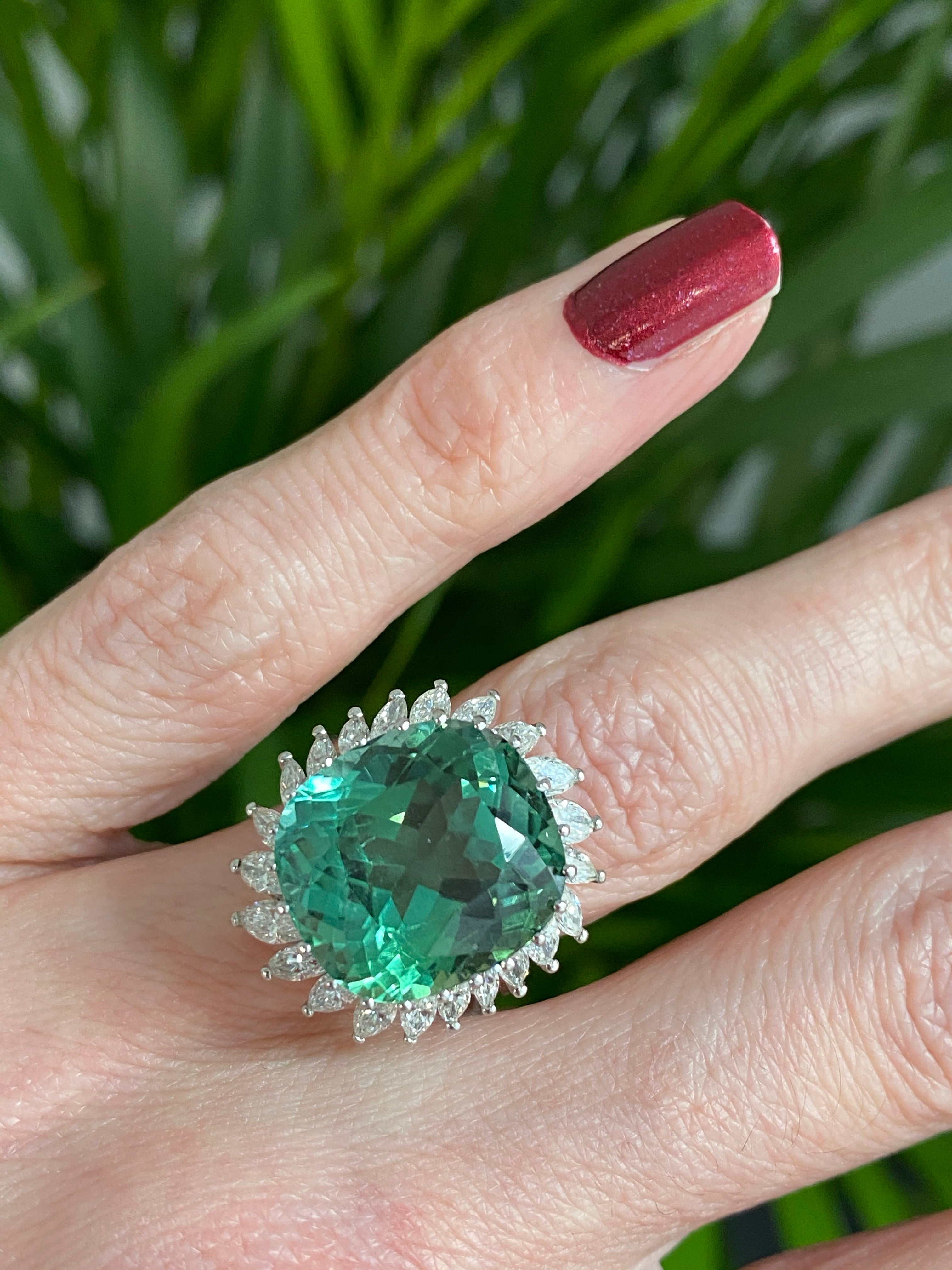 15.98 CTW Cushion Cut Green Tourmaline and Diamond Halo Ring in 18ct White Gold