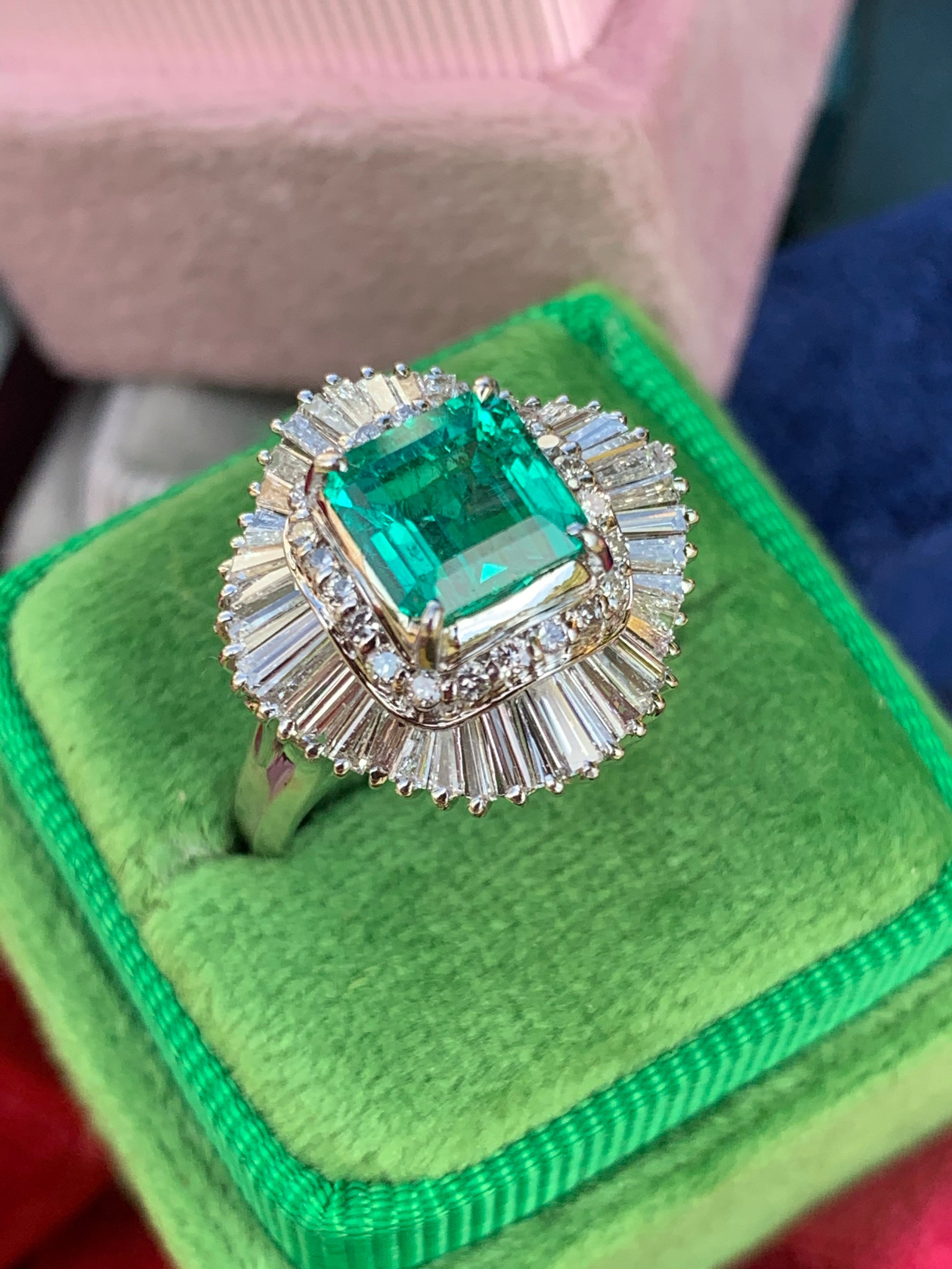 1.63 Carat Asscher Cut Colombian Emerald and Diamond Ring in Platinum 