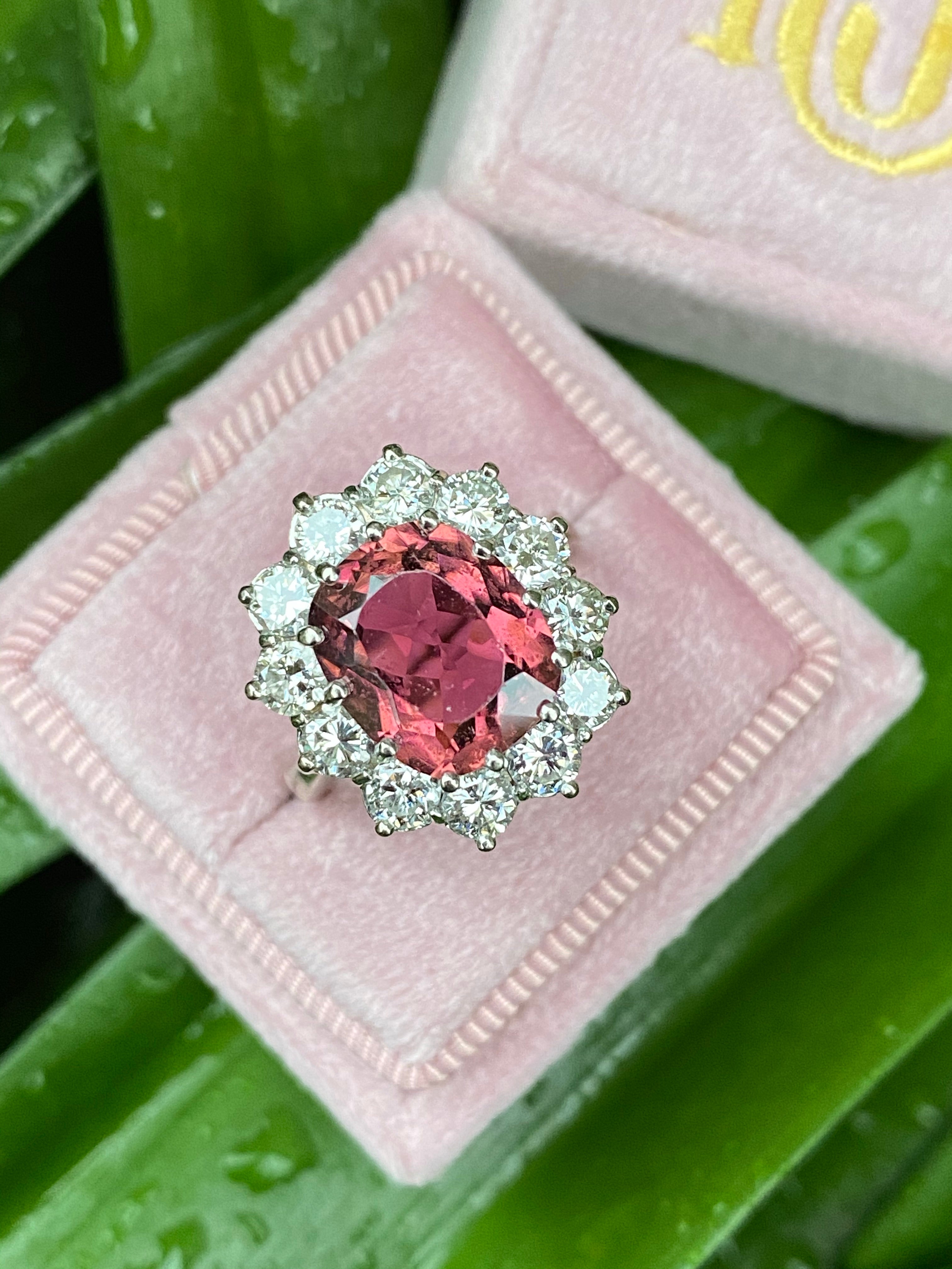 Pink Tourmaline and Diamond Halo Cocktail Ring in White Gold 