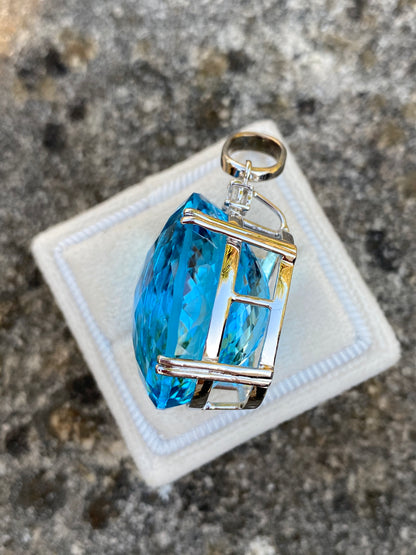 50 Carat Oval Blue Topaz and Diamond Necklace Pendant in 18K White Gold