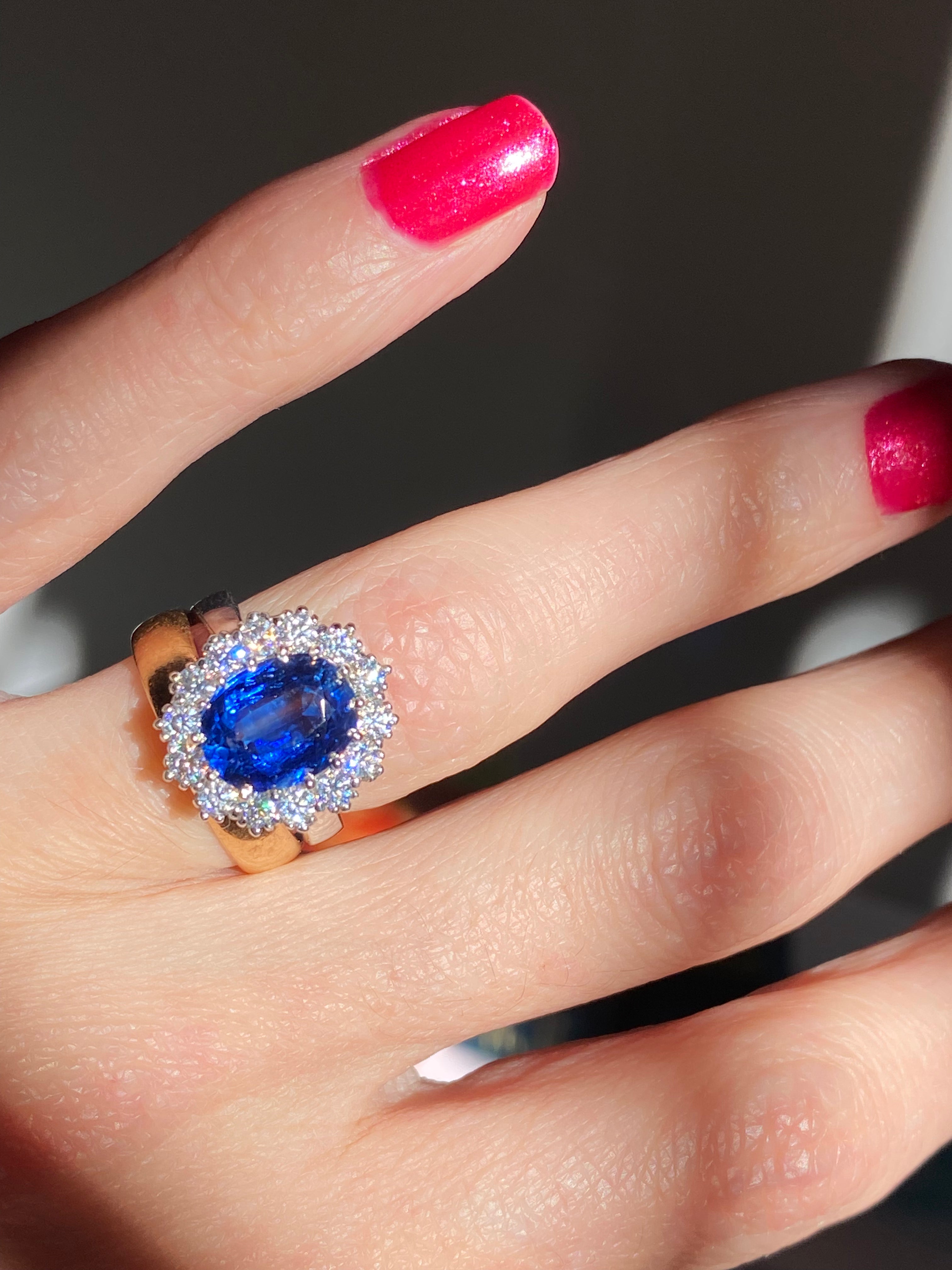 3.50 Carat Oval Blue Kyanite and Moissanite Halo Princess Diana Princess of Wales Kate Middleton Duchess of Cambridge Engagement Ring Katherine James Jewellery 