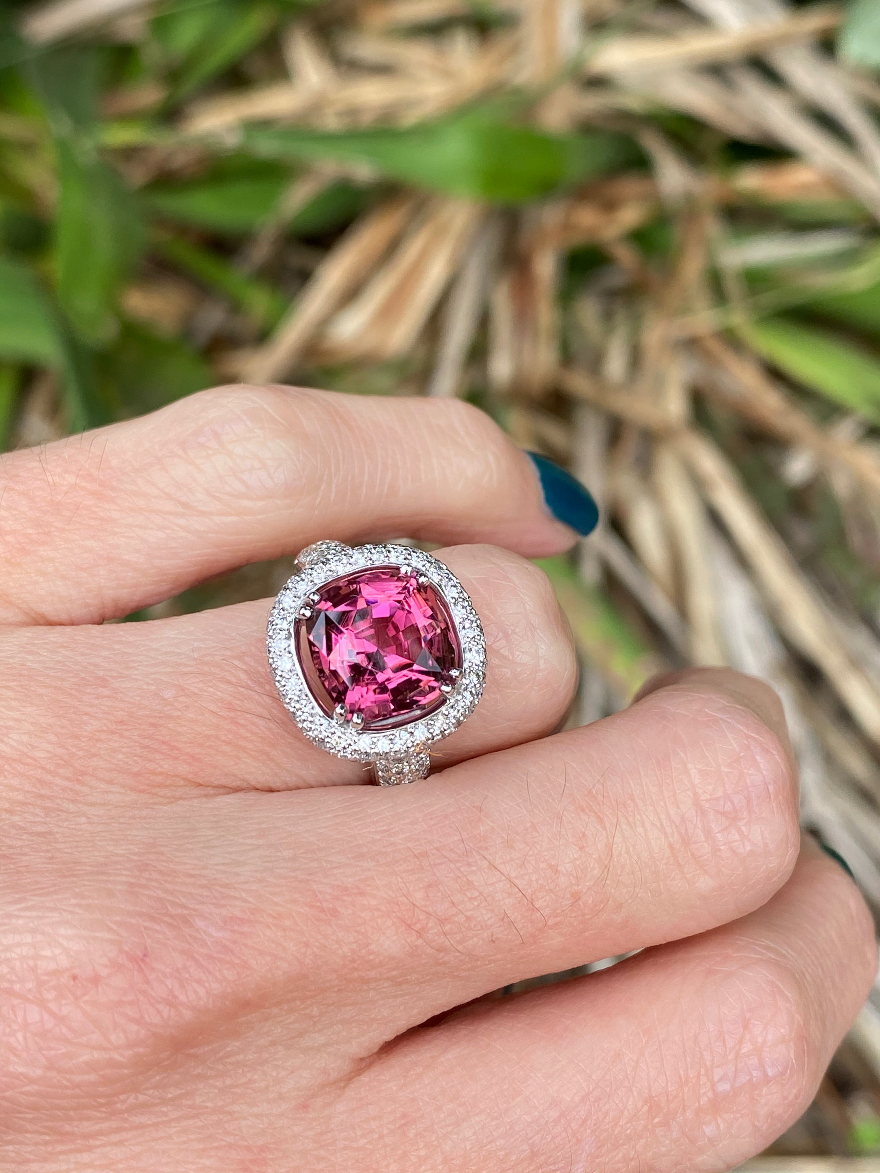 7.50 CTW Cushion Cut Pink Tourmaline and Diamond Halo Ring in 18ct White Gold