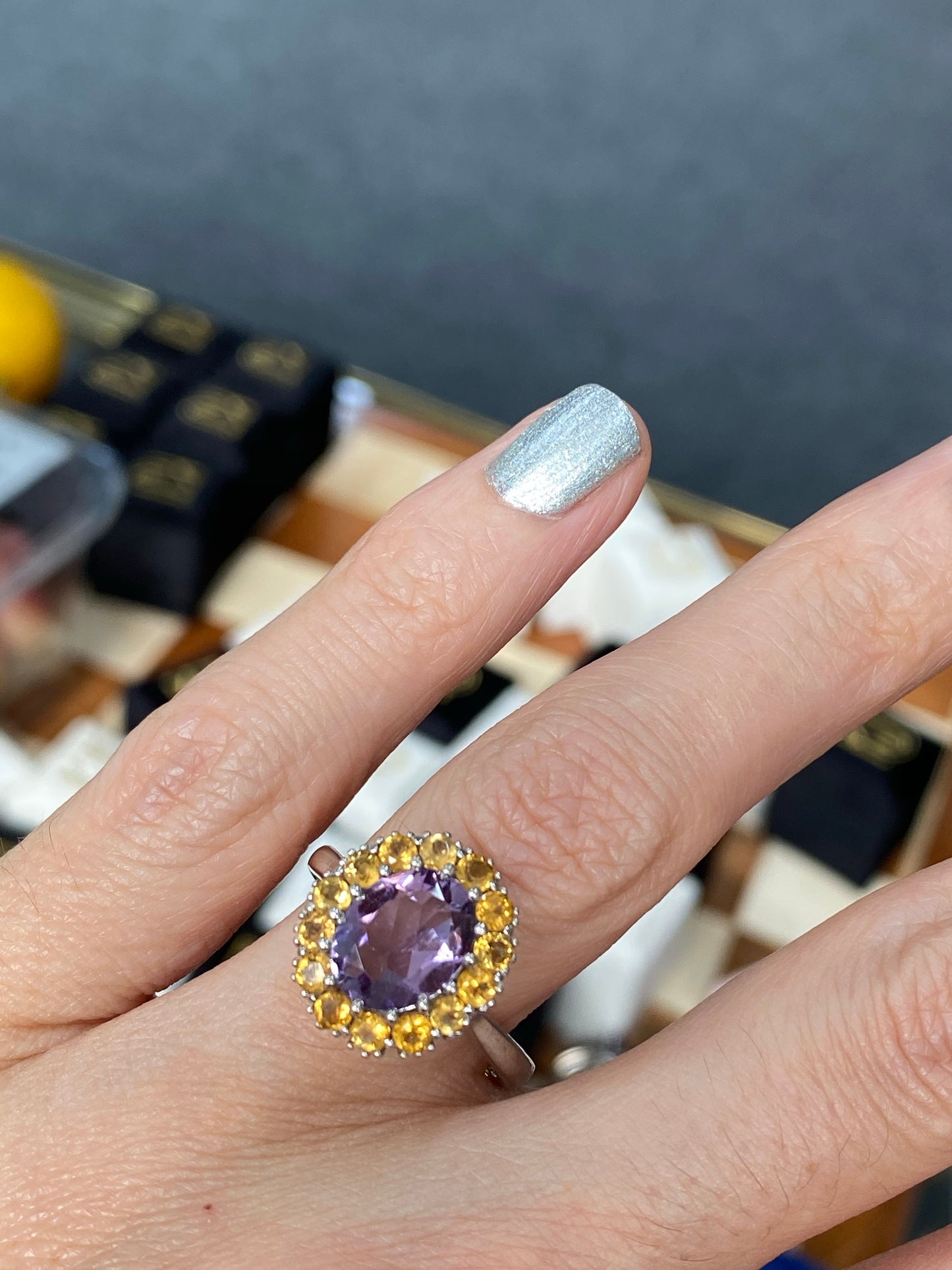 Oval-Cut Citrine and Amethyst Halo Cocktail Ring in Sterling Silver