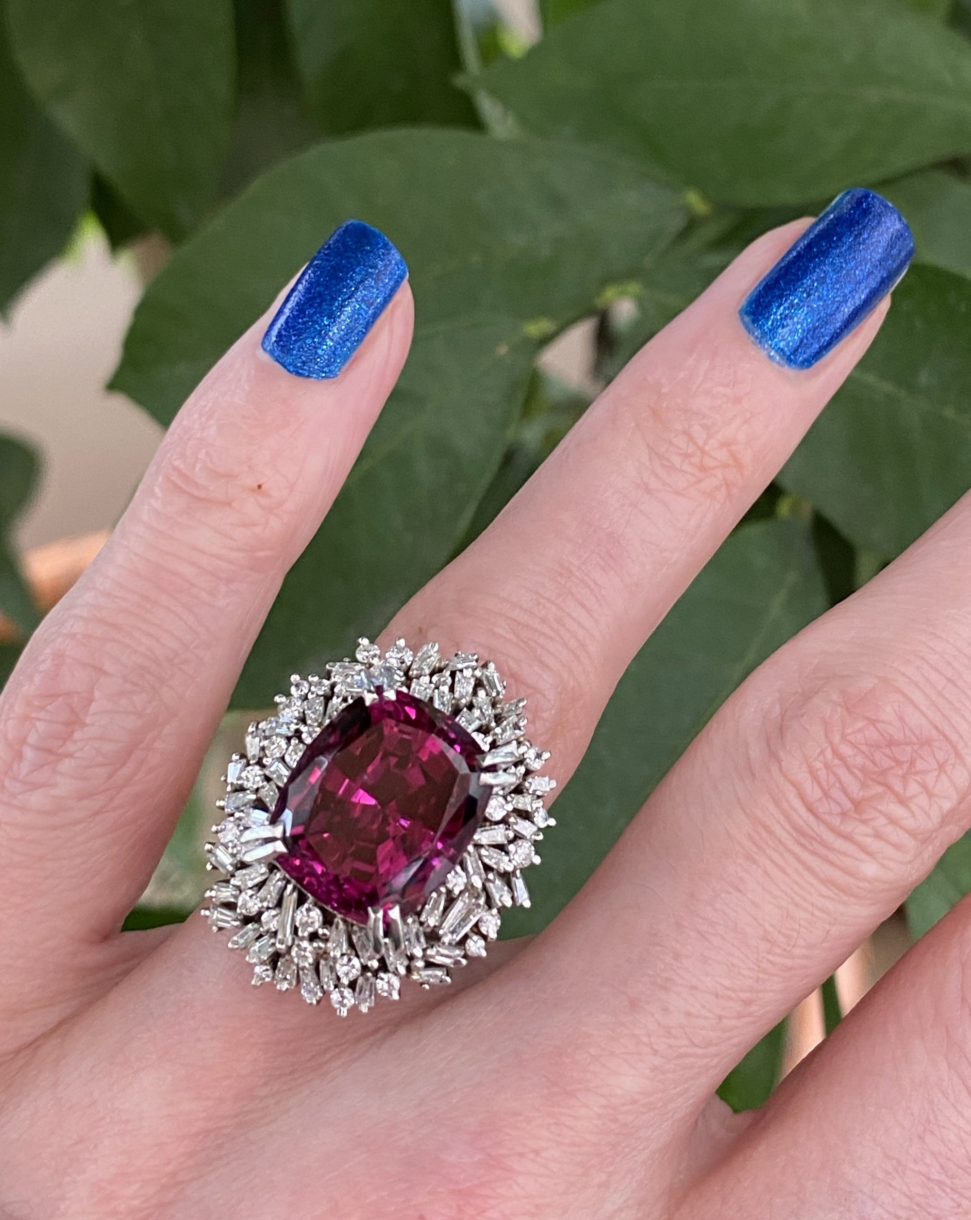 15 Carat Rhodolite Garnet and Diamond Halo Cocktail Ring in Plantinum
