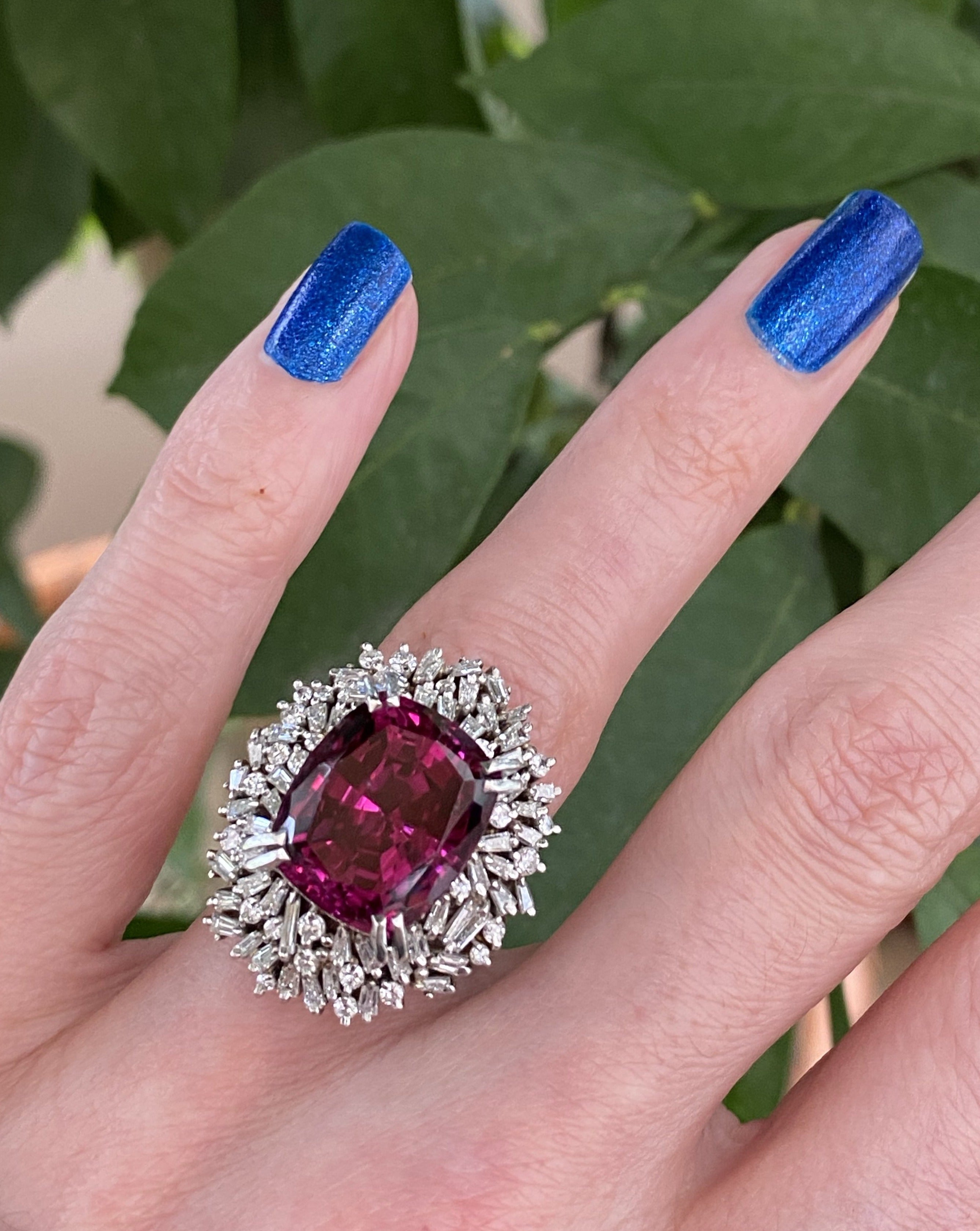 15 Carat Rhodolite Garnet and Diamond Halo Cocktail Ring in Plantinum