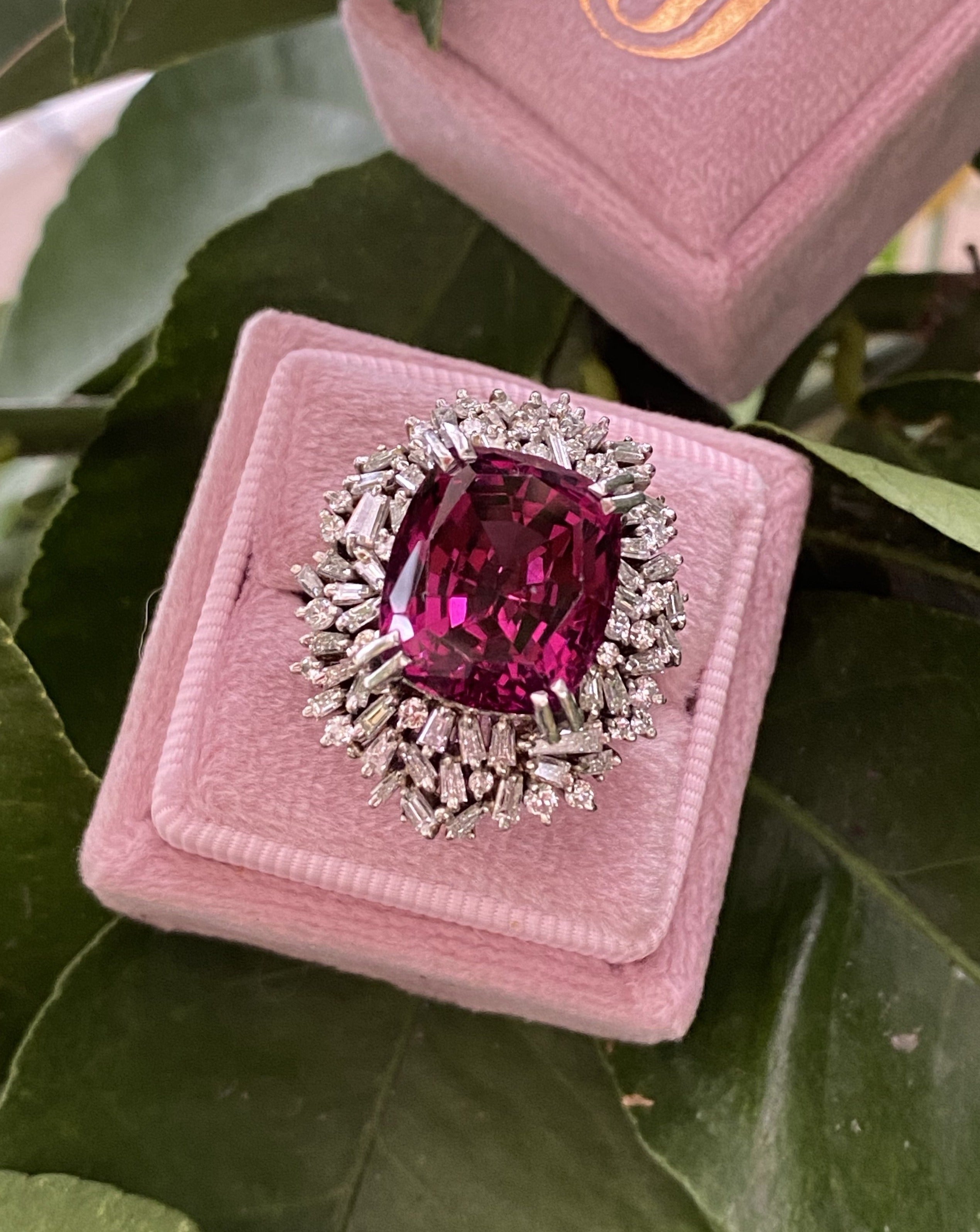 15 Carat Rhodolite Garnet and Diamond Halo Cocktail Ring in Plantinum