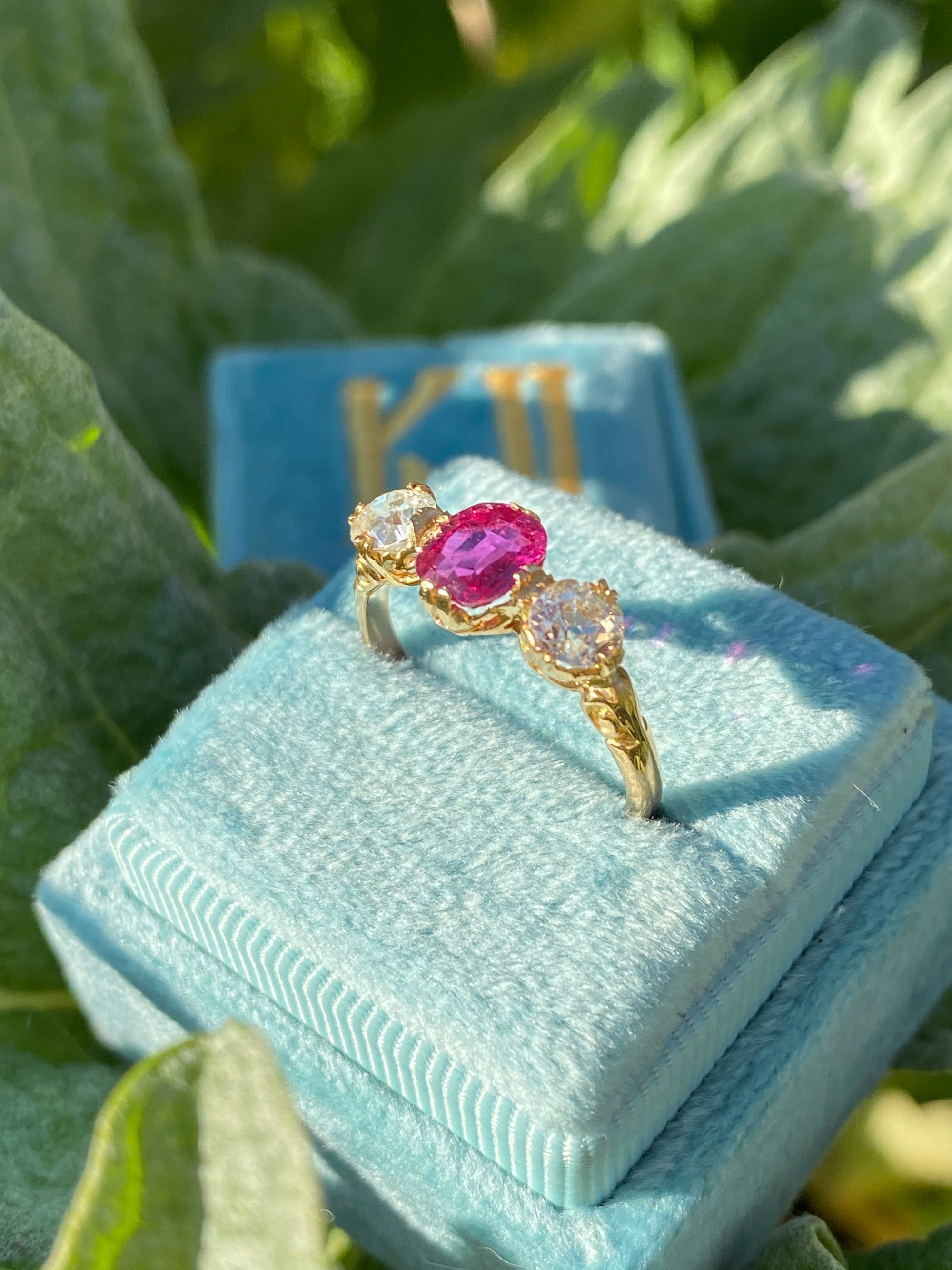 1.73 CTW Ruby and Diamond Antique Three-Stone Ring in 18ct Yellow Gold