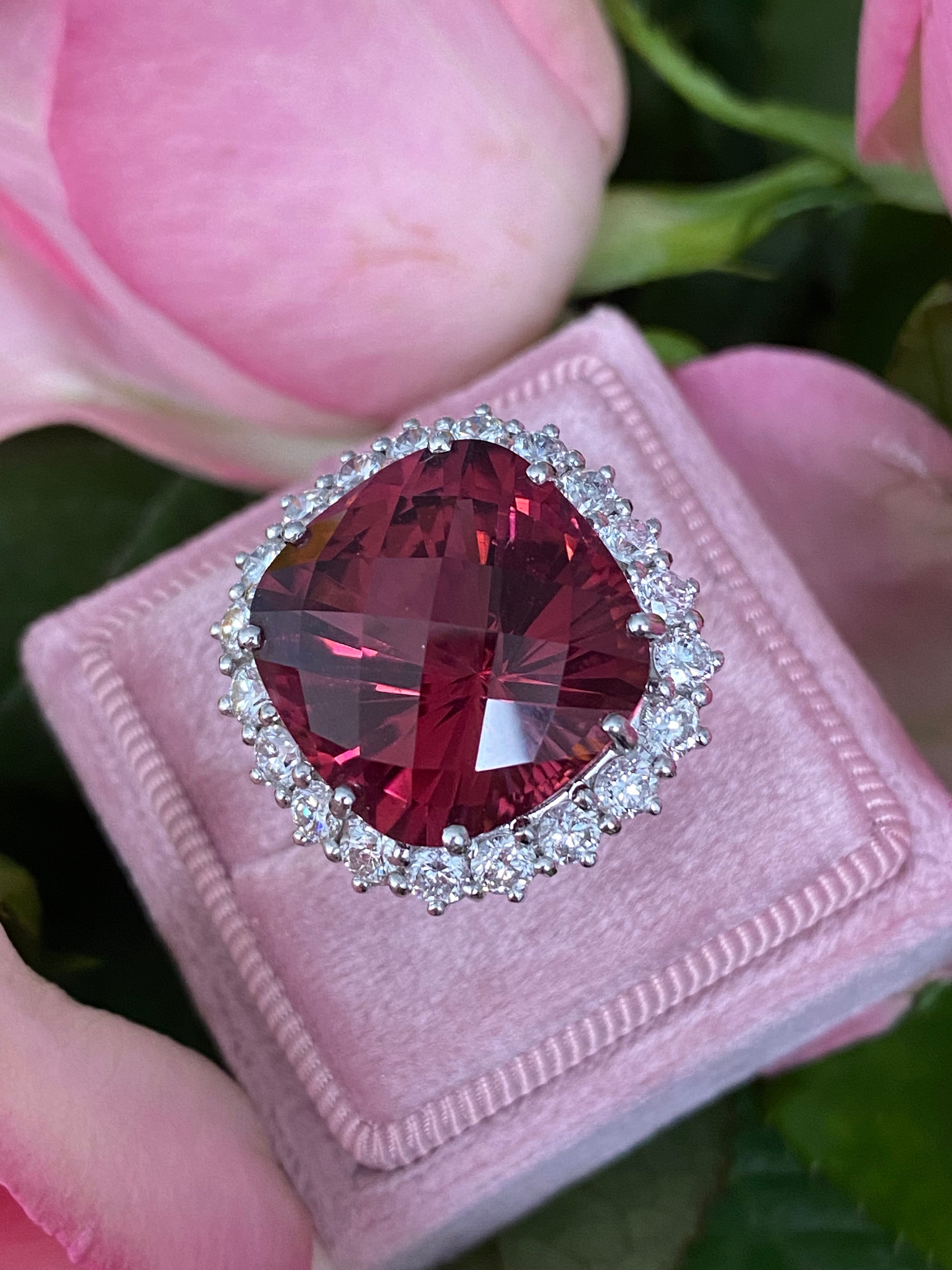 17.19 Carat Rubellite Tourmaline and Diamond Halo Cocktail Ring in 18ct White and Yellow Gold