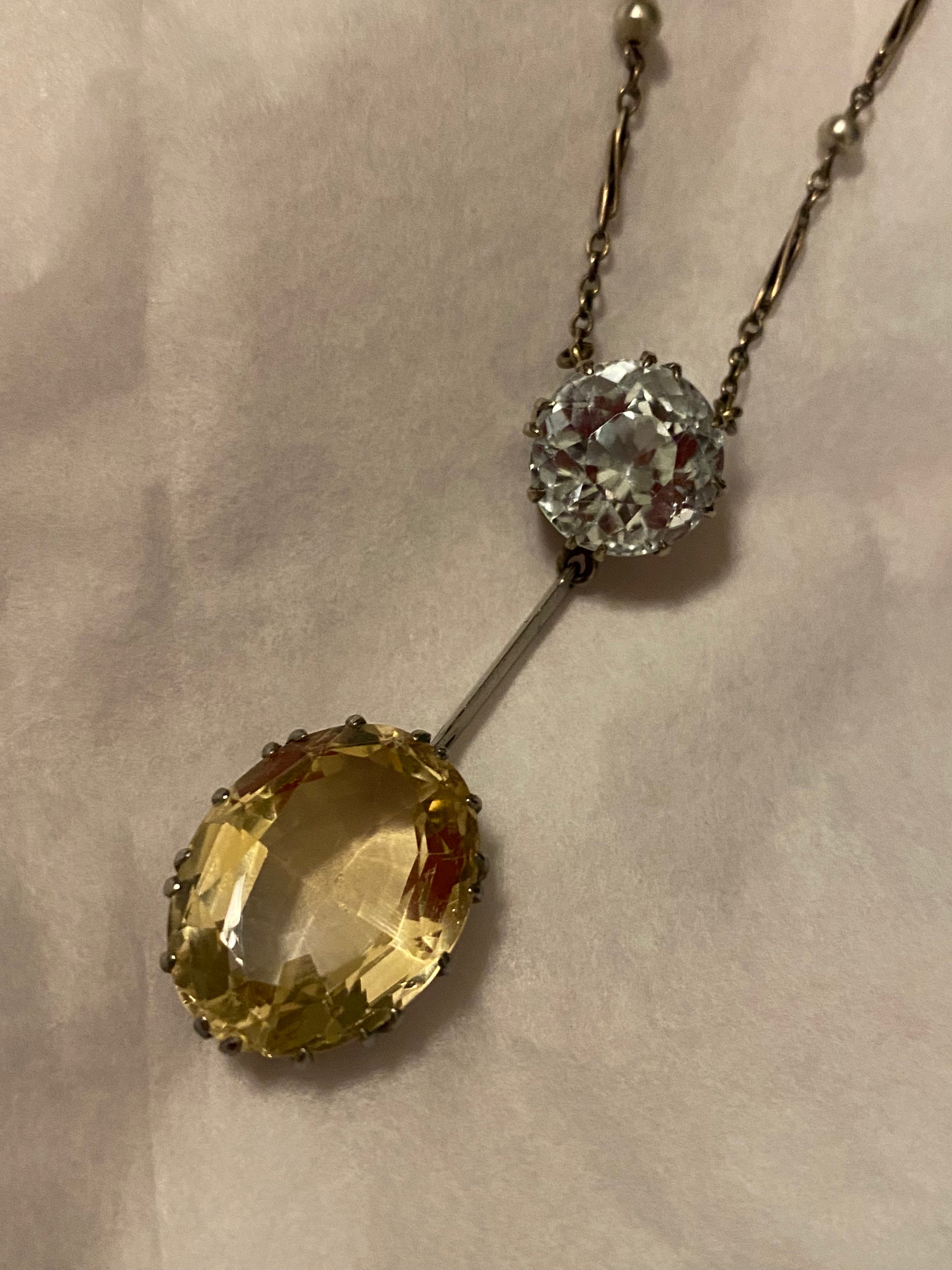 Edwardian 5.00 Carat Blue Zircon, 10.00 Carat Citrine and Seed Pearl Lavaliere Necklace
