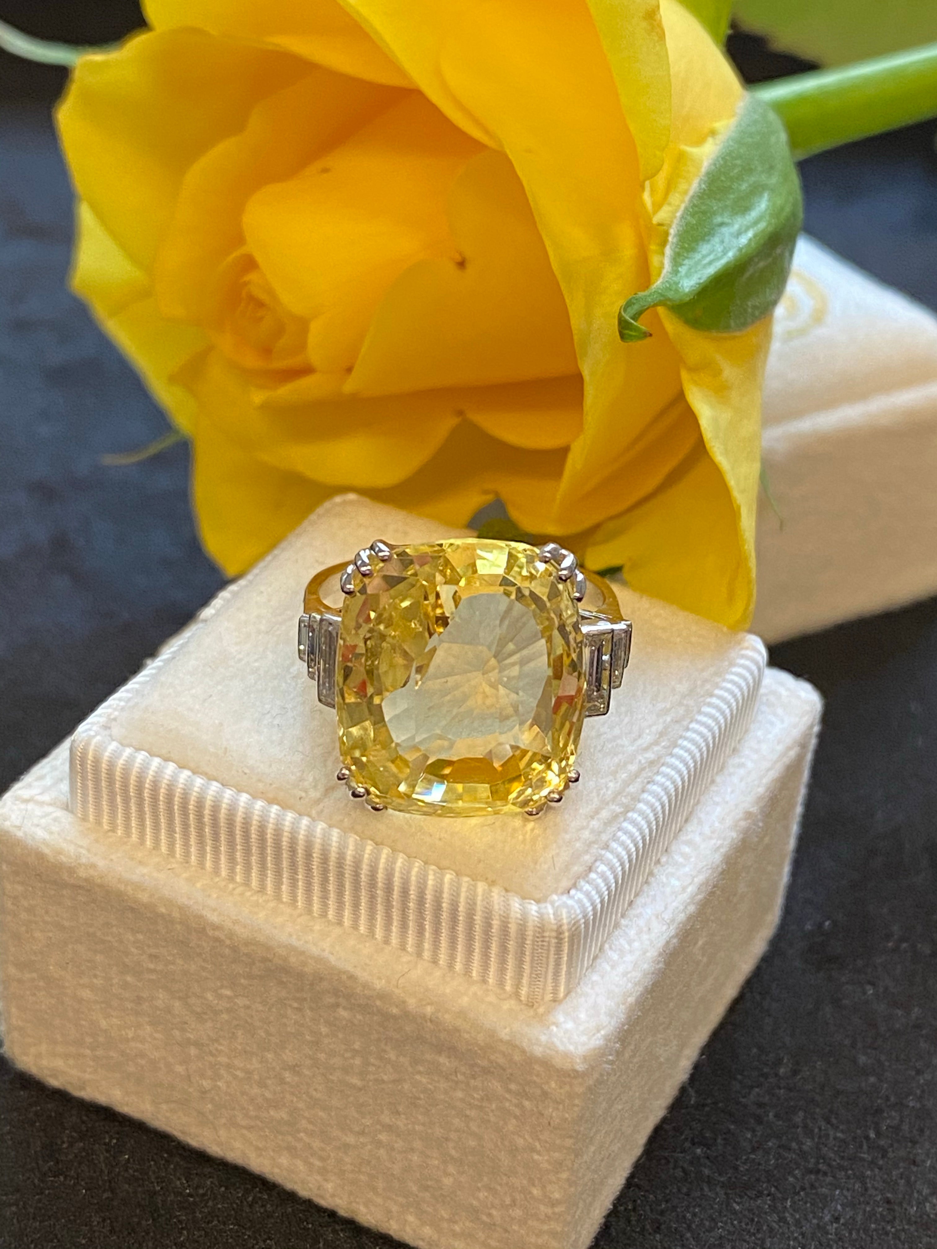 19.60 Carat Certified Unheated Yellow Sapphire and Diamond Art Deco Ring