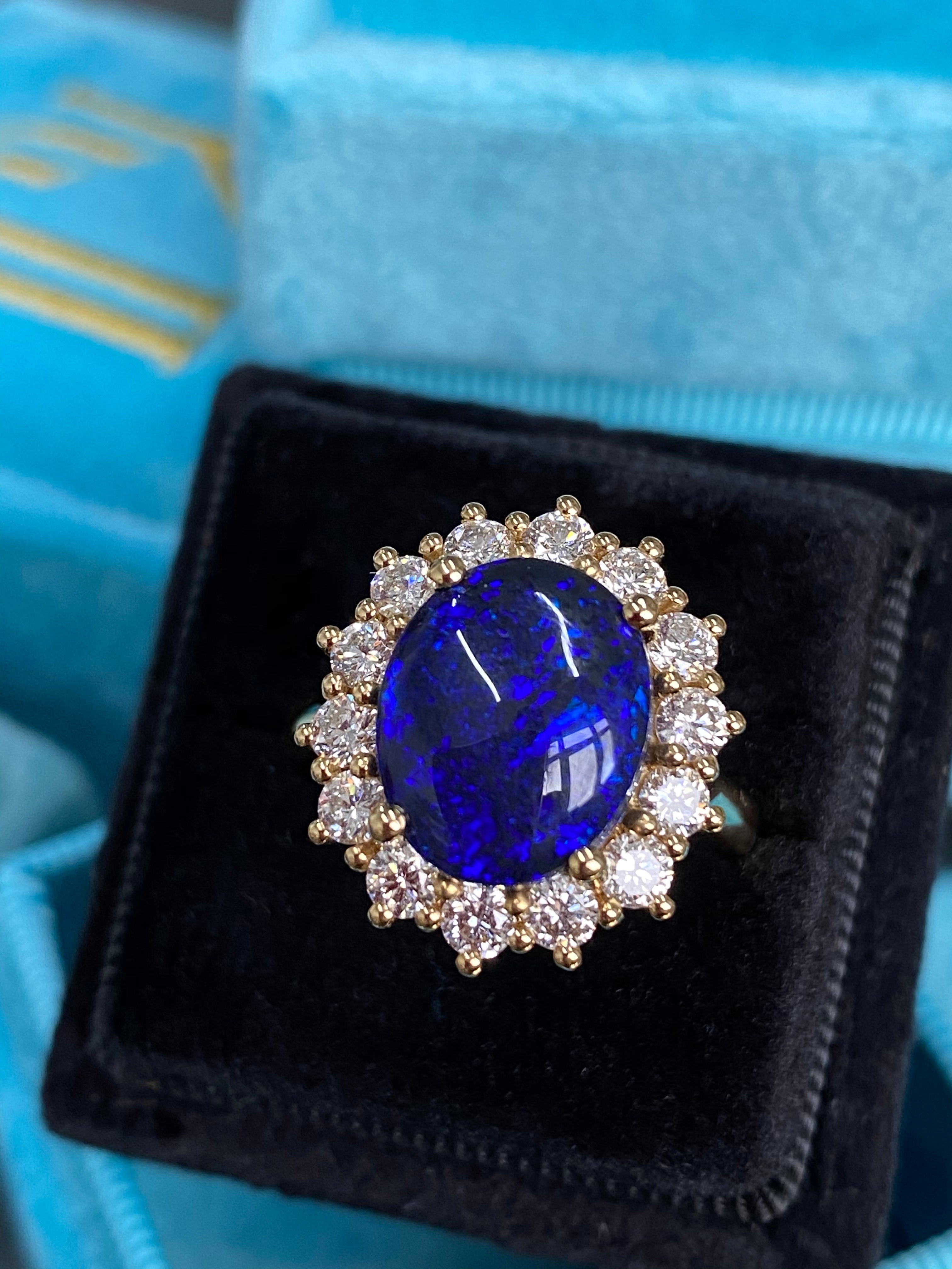 3.57 Carat Vintage Black Opal and Diamond Halo Ring in 18ct Yellow Gold