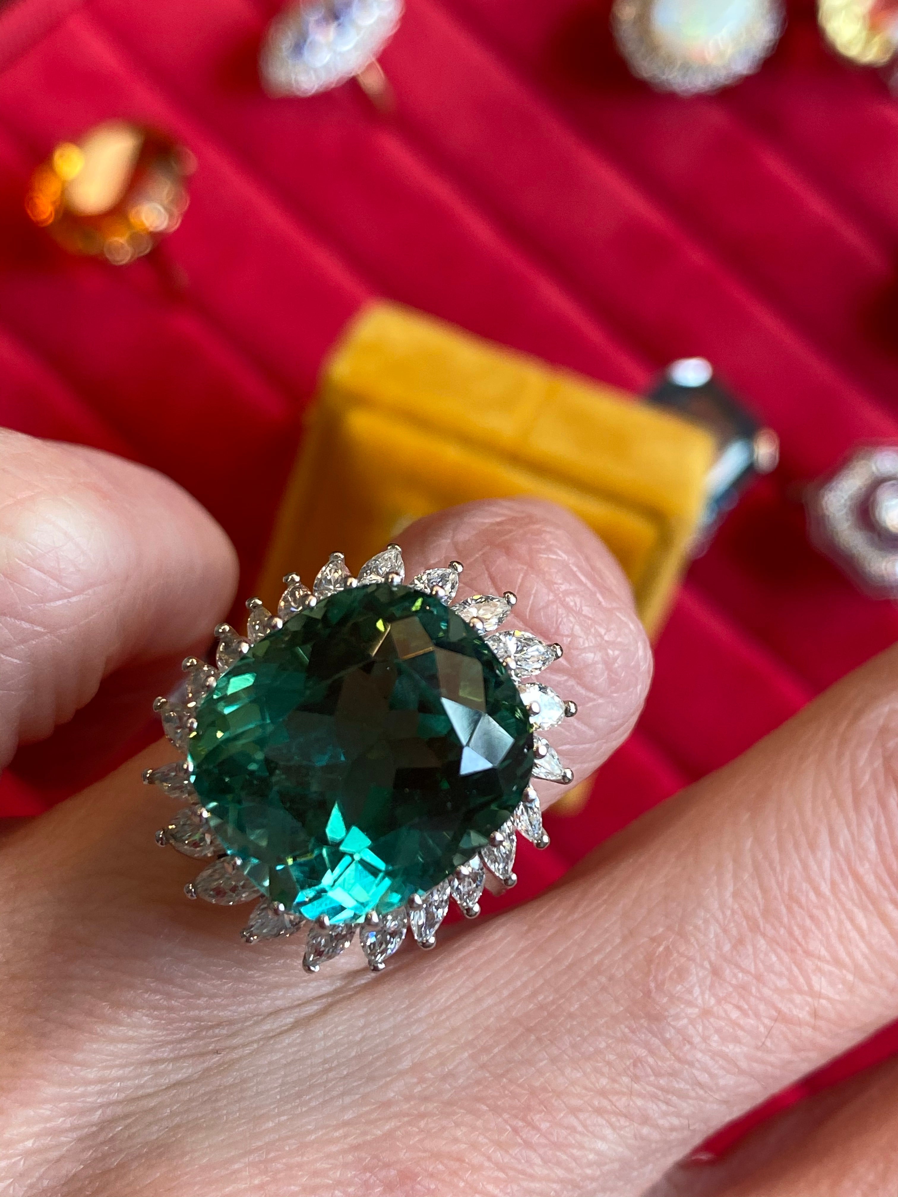 15.98 CTW Cushion Cut Green Tourmaline and Diamond Halo Ring in 18ct White Gold