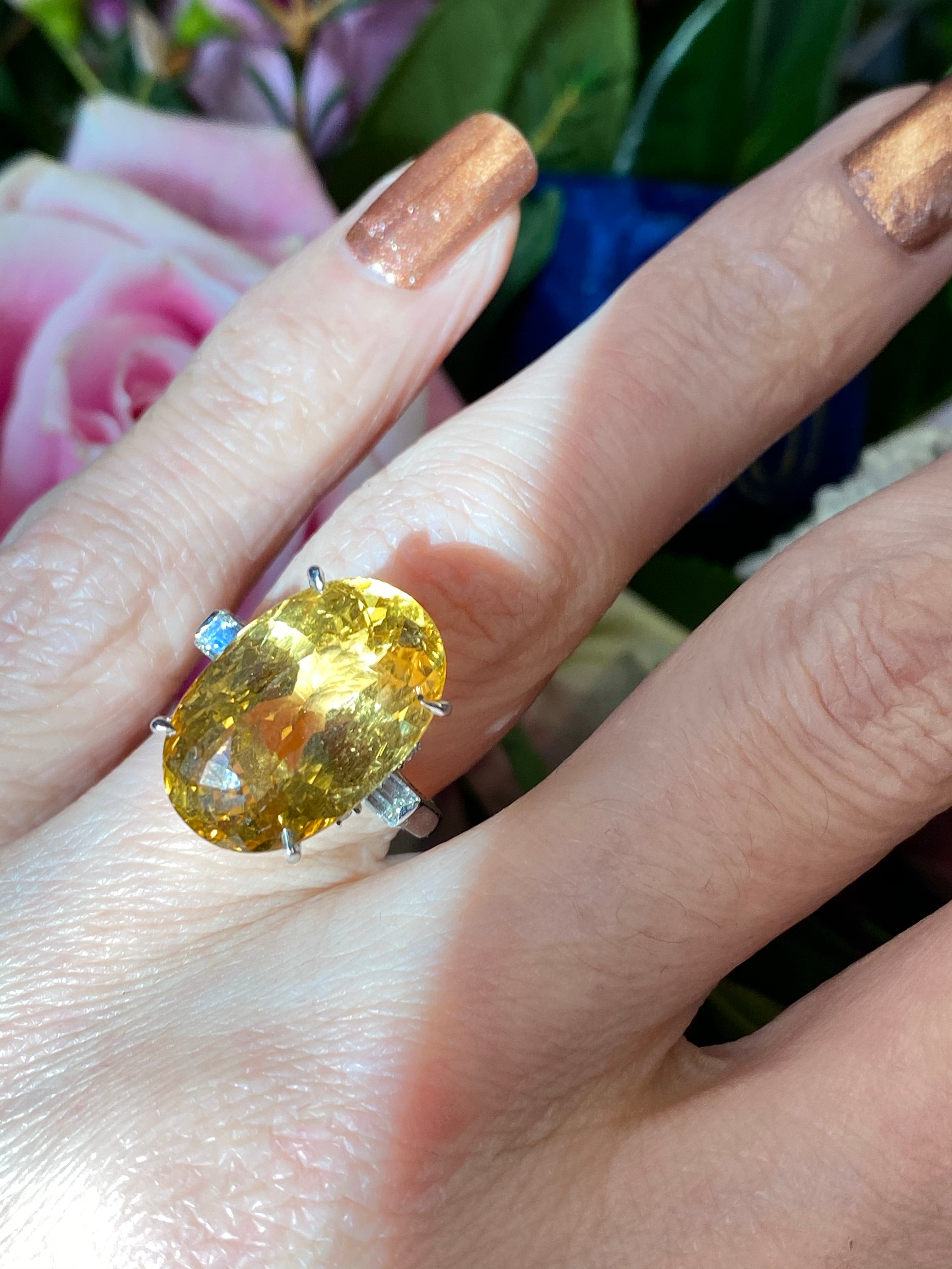 10.08 Carat Oval Cut Golden Heliodor and Diamond Ring in Platinum