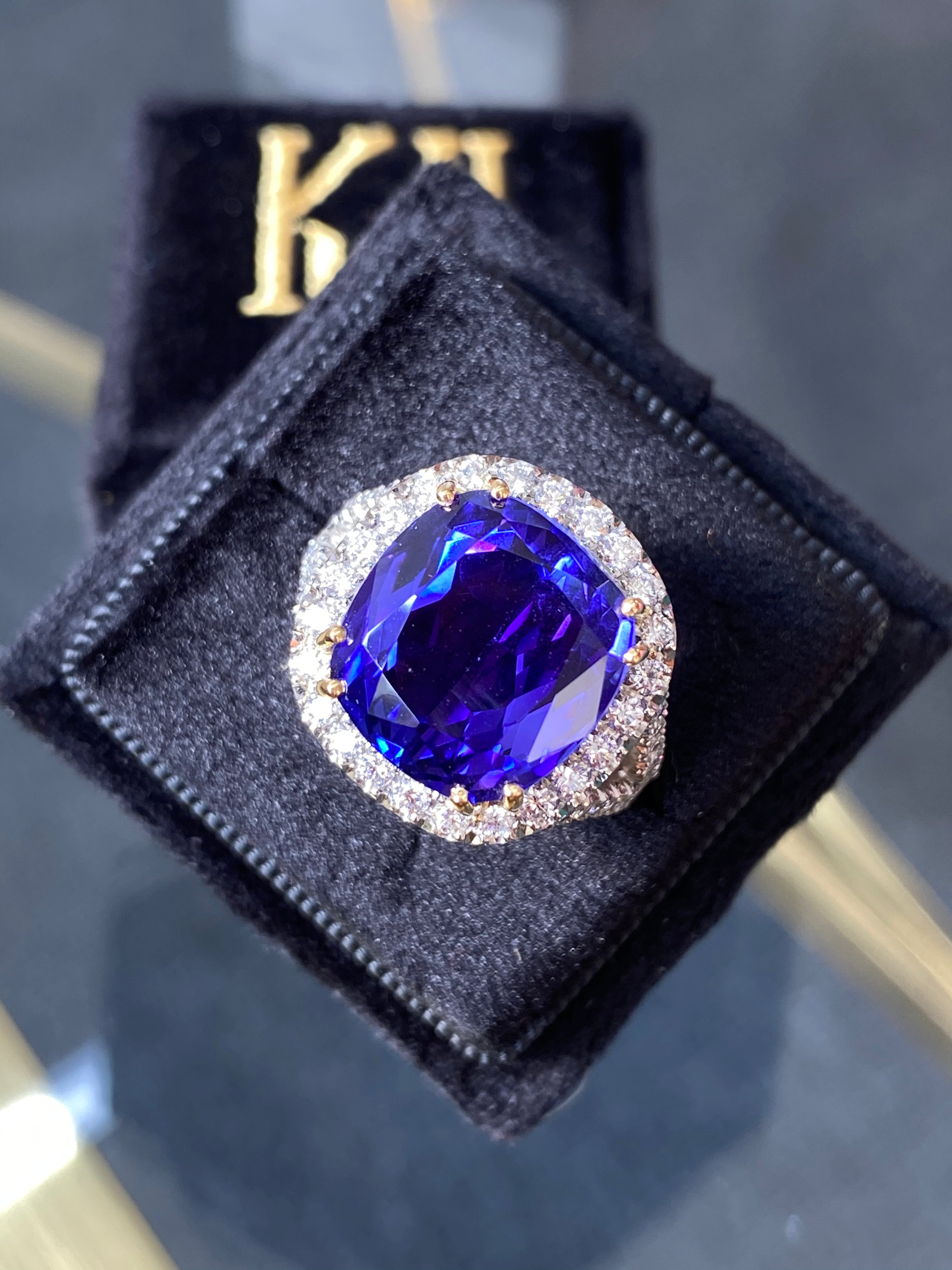 12.00 Carat Cushion-Cut Tanzanite and Diamond Ring in Platinum