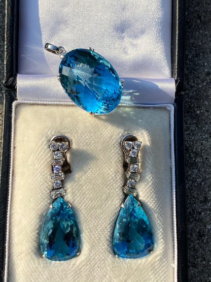 50 Carat Oval Blue Topaz and Diamond Necklace Pendant in 18K White Gold