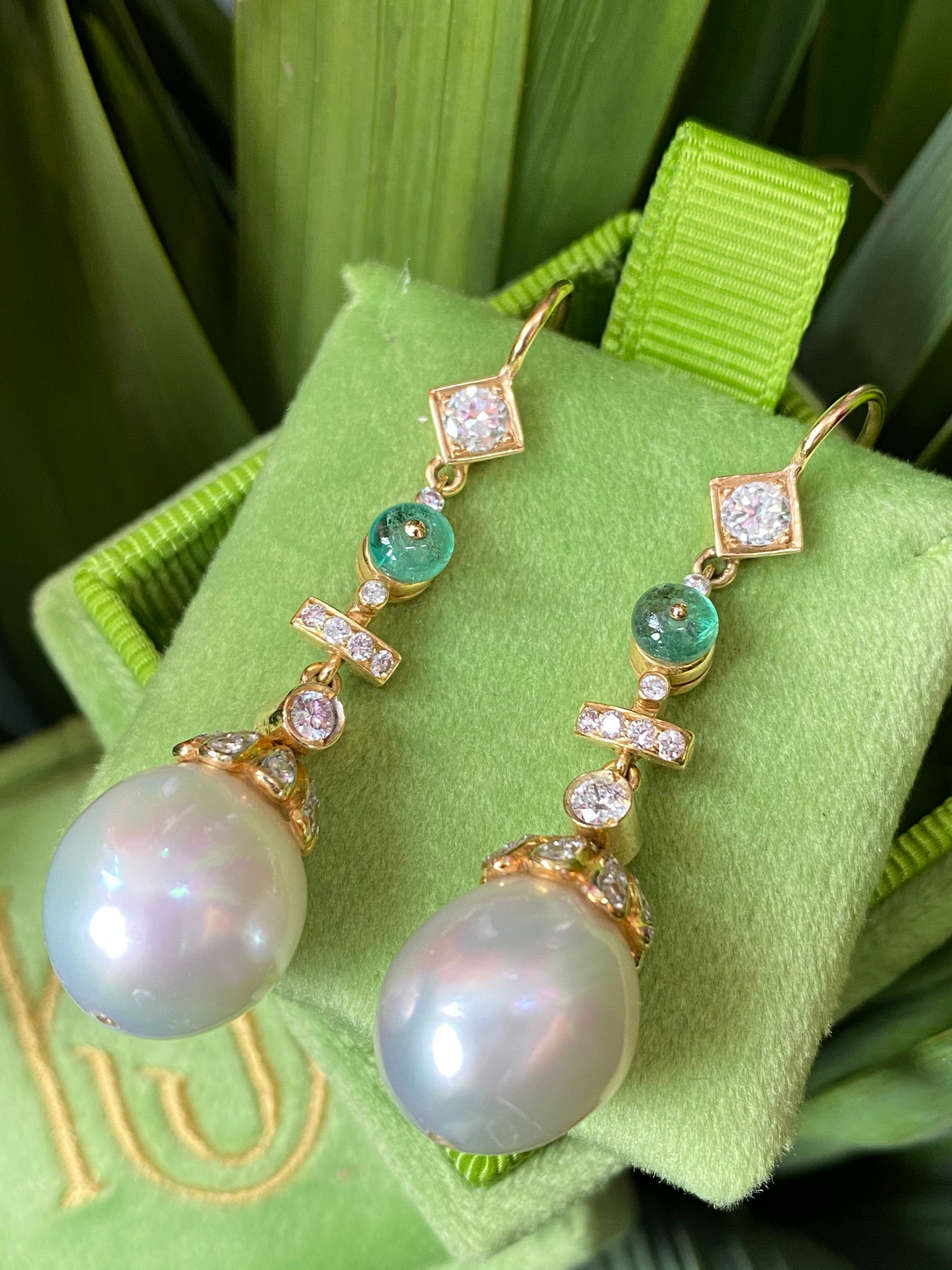 Diamond, Emerald and South Sea Pearl Drop Earrings in 18ct Yellow
